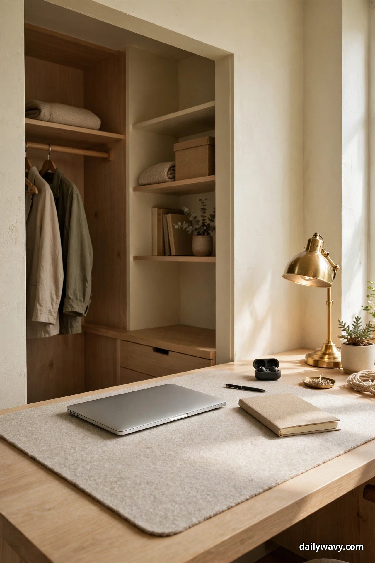 A large light gray felt desk mat covers a wood desk in front of an open closet, holding a closed silver laptop, a beige notebook and a pen, with a brass desk lamp and a small potted plant at the right