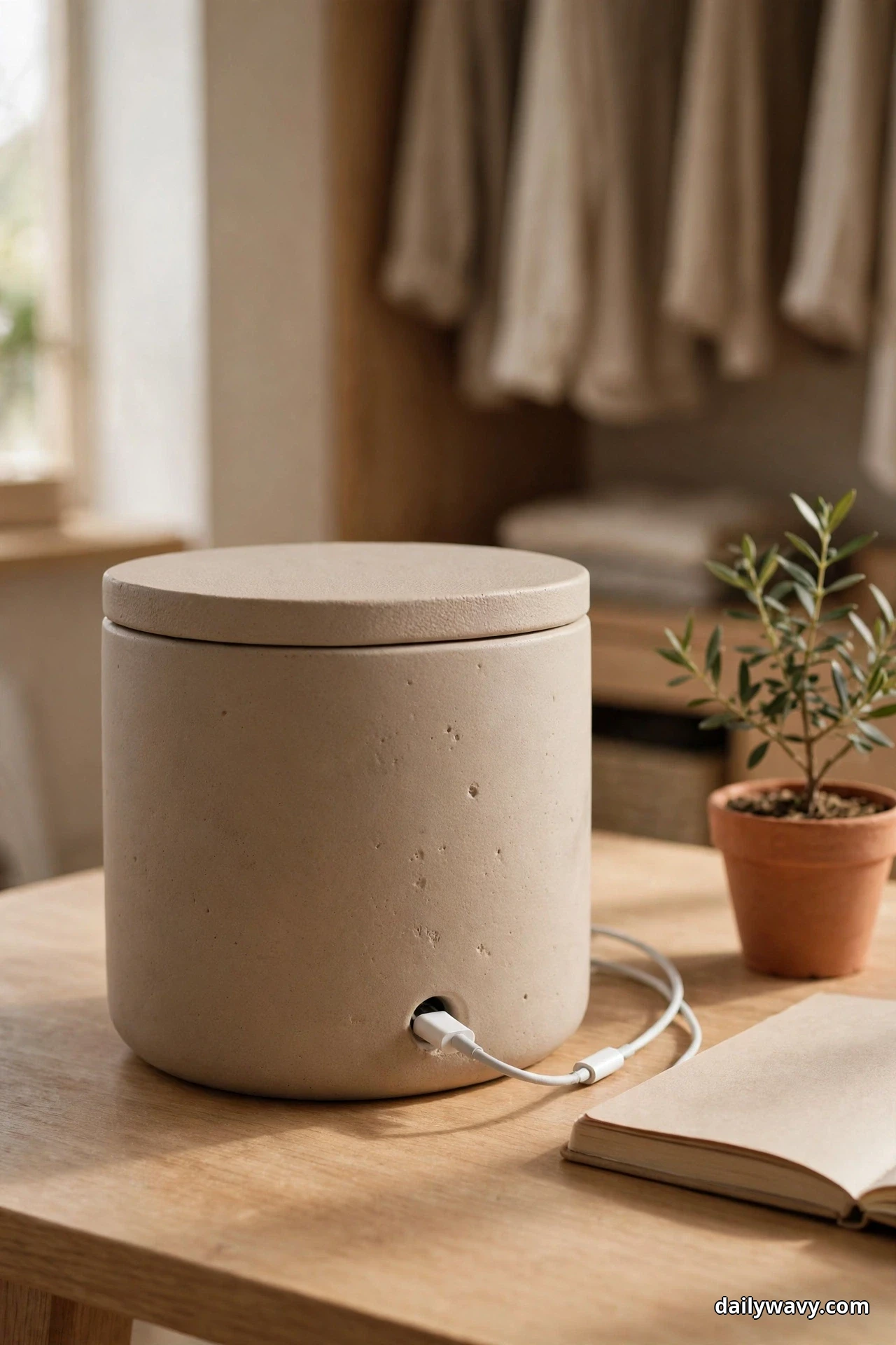 A round matte beige lidded cable box sits on a wood desk with a white charging cable running out of a hole at its base, beside an open notebook and a small potted olive plant in a terracotta pot