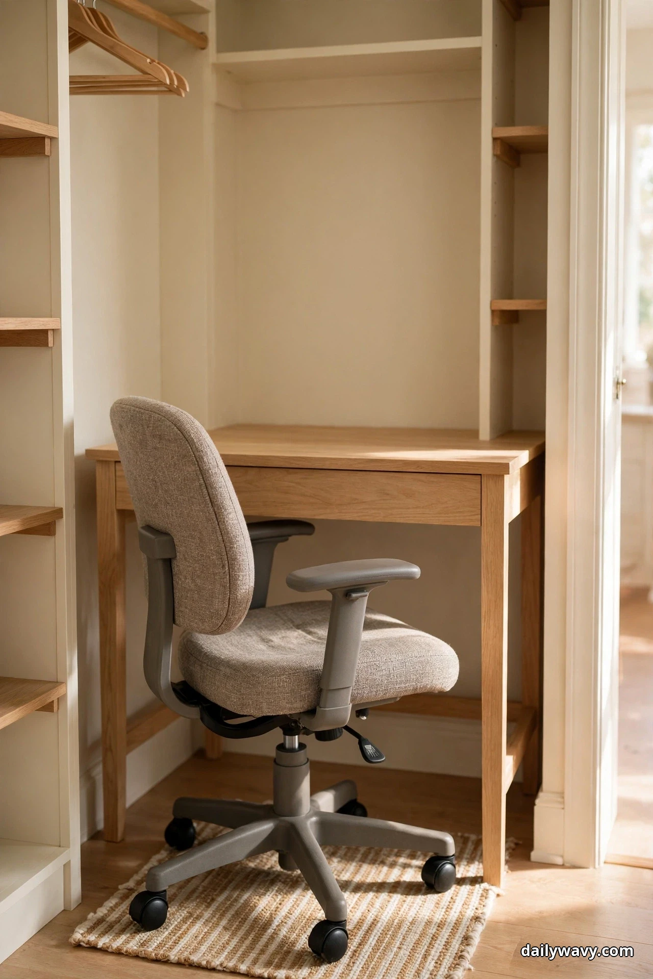 A beige fabric adjustable task chair with a five-star caster base stands on a striped woven rug in front of a light wood desk inside a closet nook, with clear legroom beneath the desk and empty shelves and wooden hangers around it