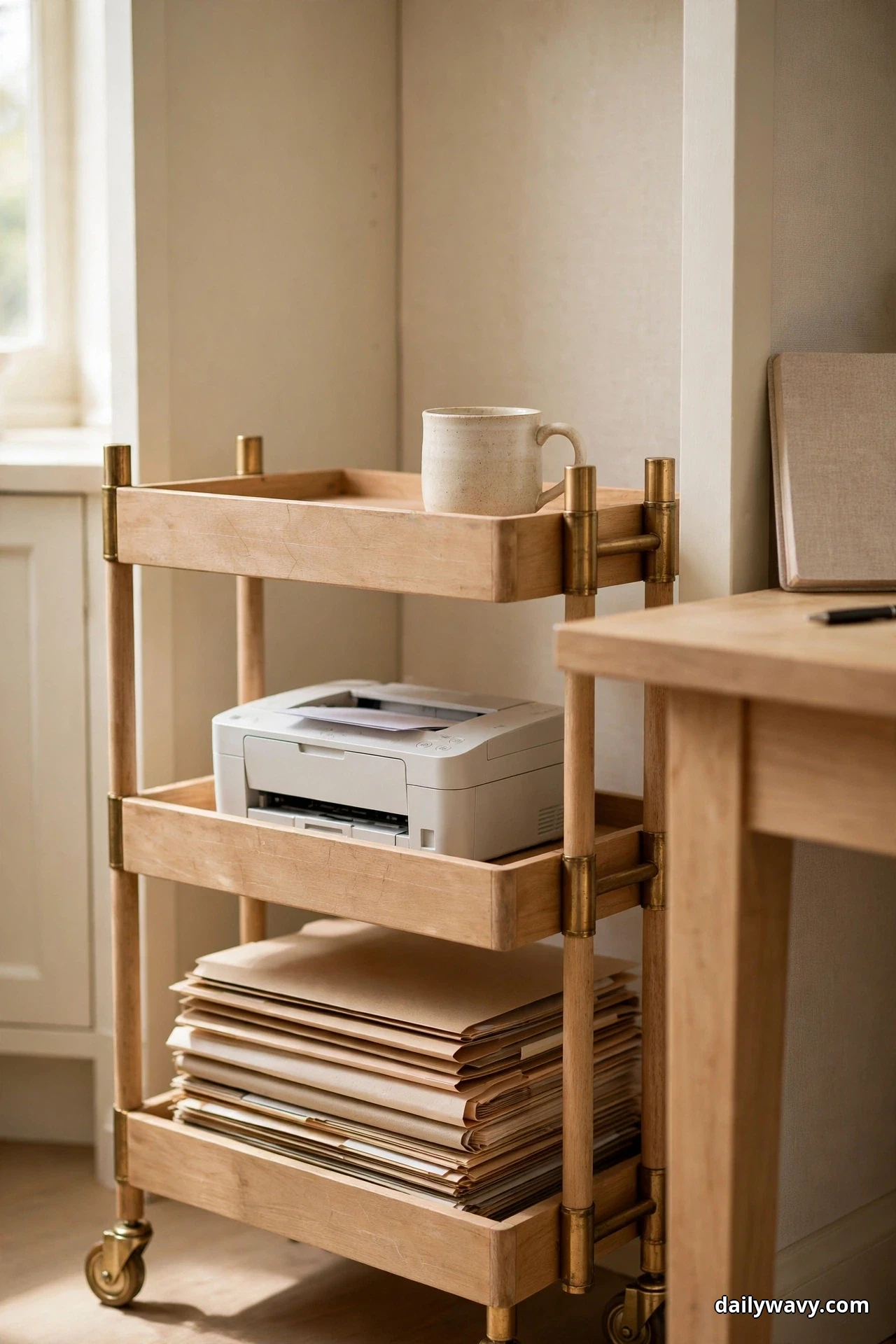 A three-tier light wood rolling cart with brass fittings and casters stands beside a wood desk, holding a ceramic mug on the top tray, a white printer on the middle tier and a stack of kraft folders on the bottom tier