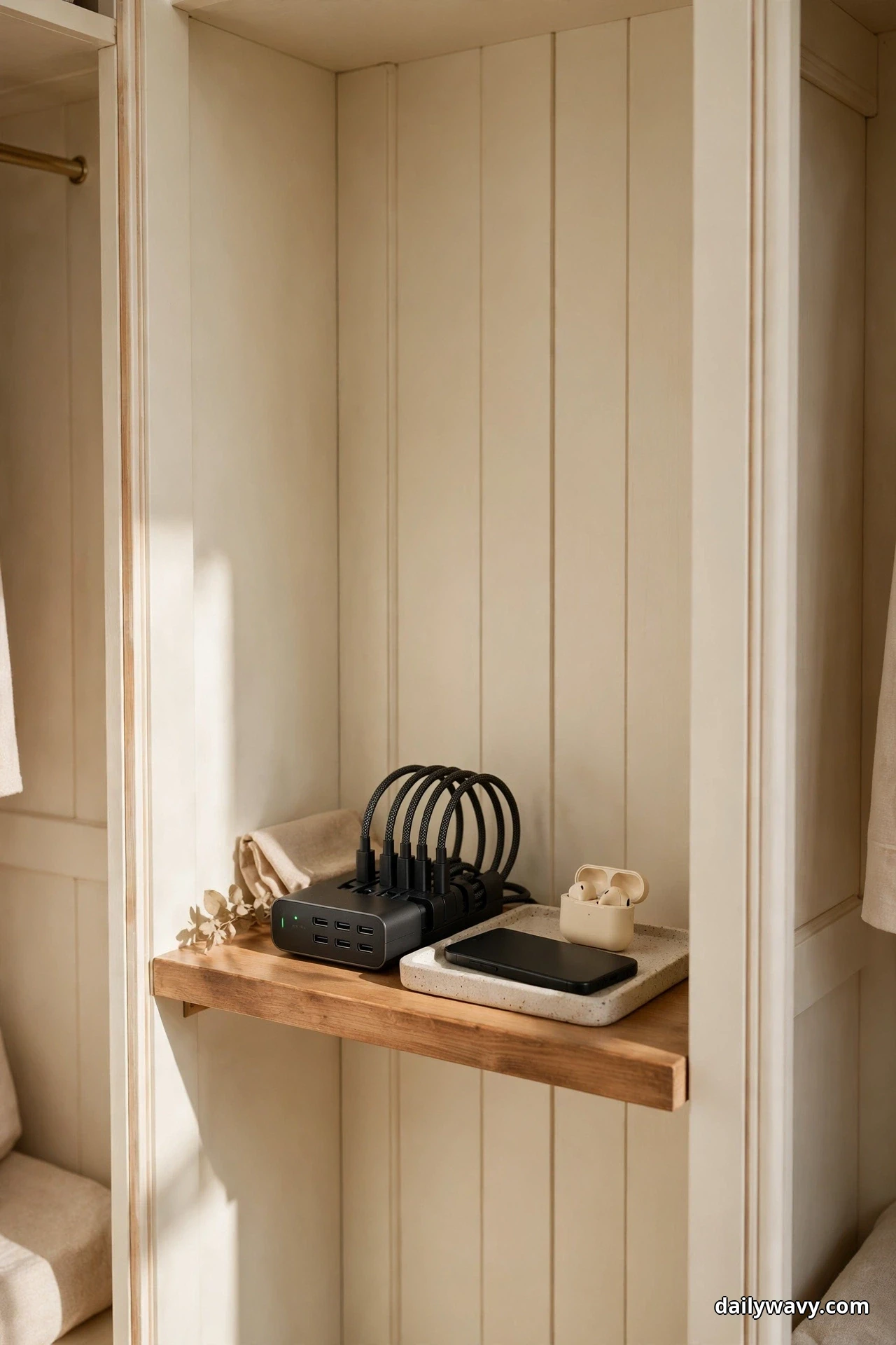 A wood shelf inside a paneled closet nook holds a black multi-port charging station with looped braided cables and a speckled stone tray with a black smartphone and a cream earbud case
