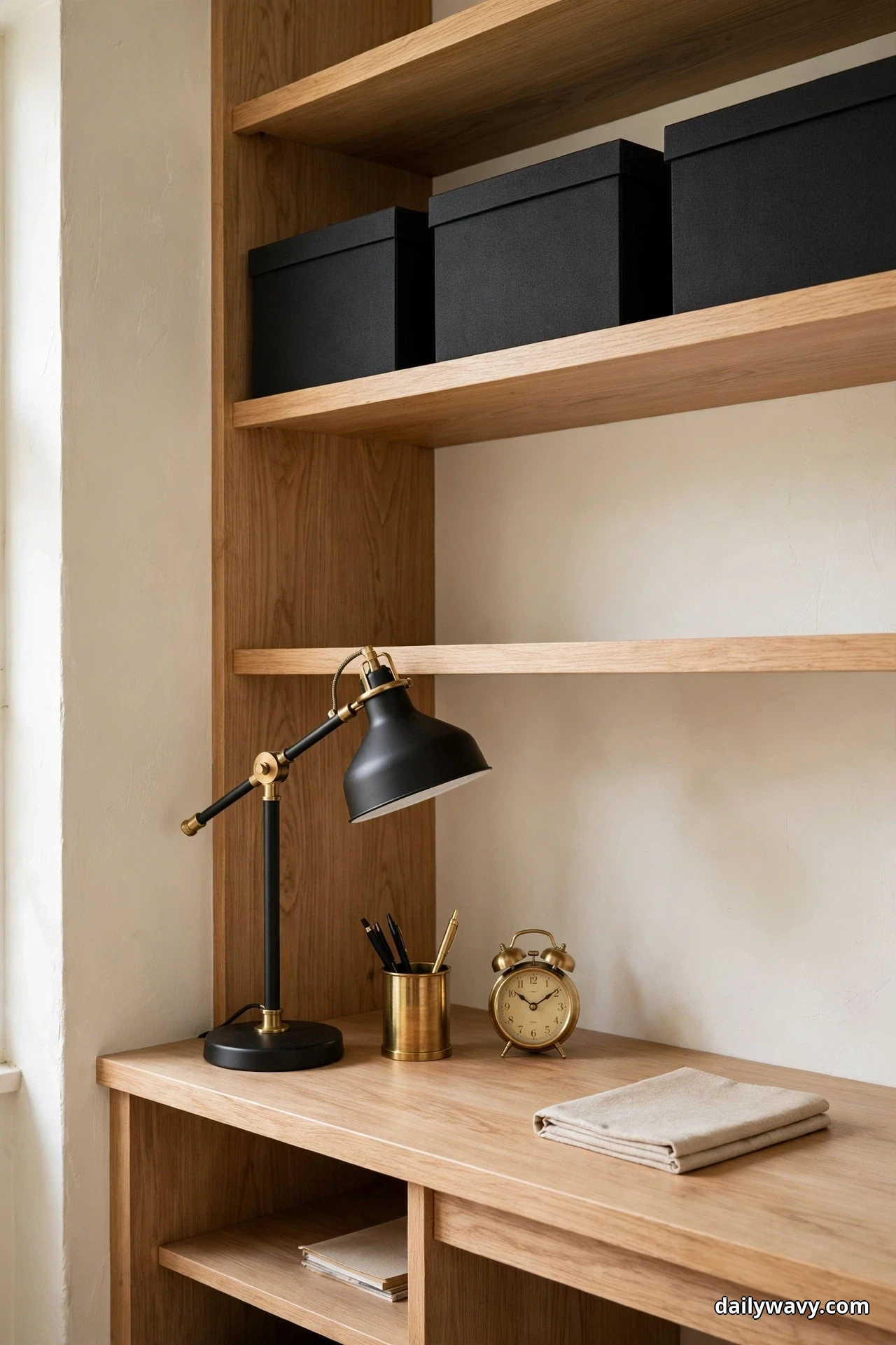 A wood closet desk and shelves hold matte black and brass accessories, with black lidded storage boxes on the upper shelf, a black and brass desk lamp, a brass pen cup and a brass alarm clock on the desk and a folded beige cloth beside them