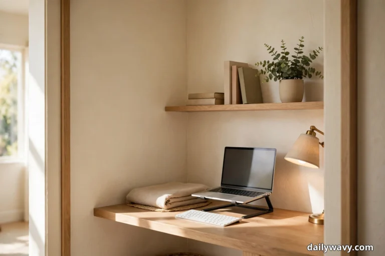 A wide view shows a closet nook with a wood desk holding a laptop on a black stand and a white wireless keyboard, a folded beige blanket on a woven mat at the left, a brass lamp with a fabric shade at the right and a wood shelf above with books and a potted eucalyptus