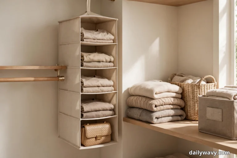 A five-cubby fabric hanging organizer filled with folded neutral clothes and a woven tan handbag hangs beside a wooden closet shelf holding folded sweater stacks, a wicker basket and a fabric storage bin