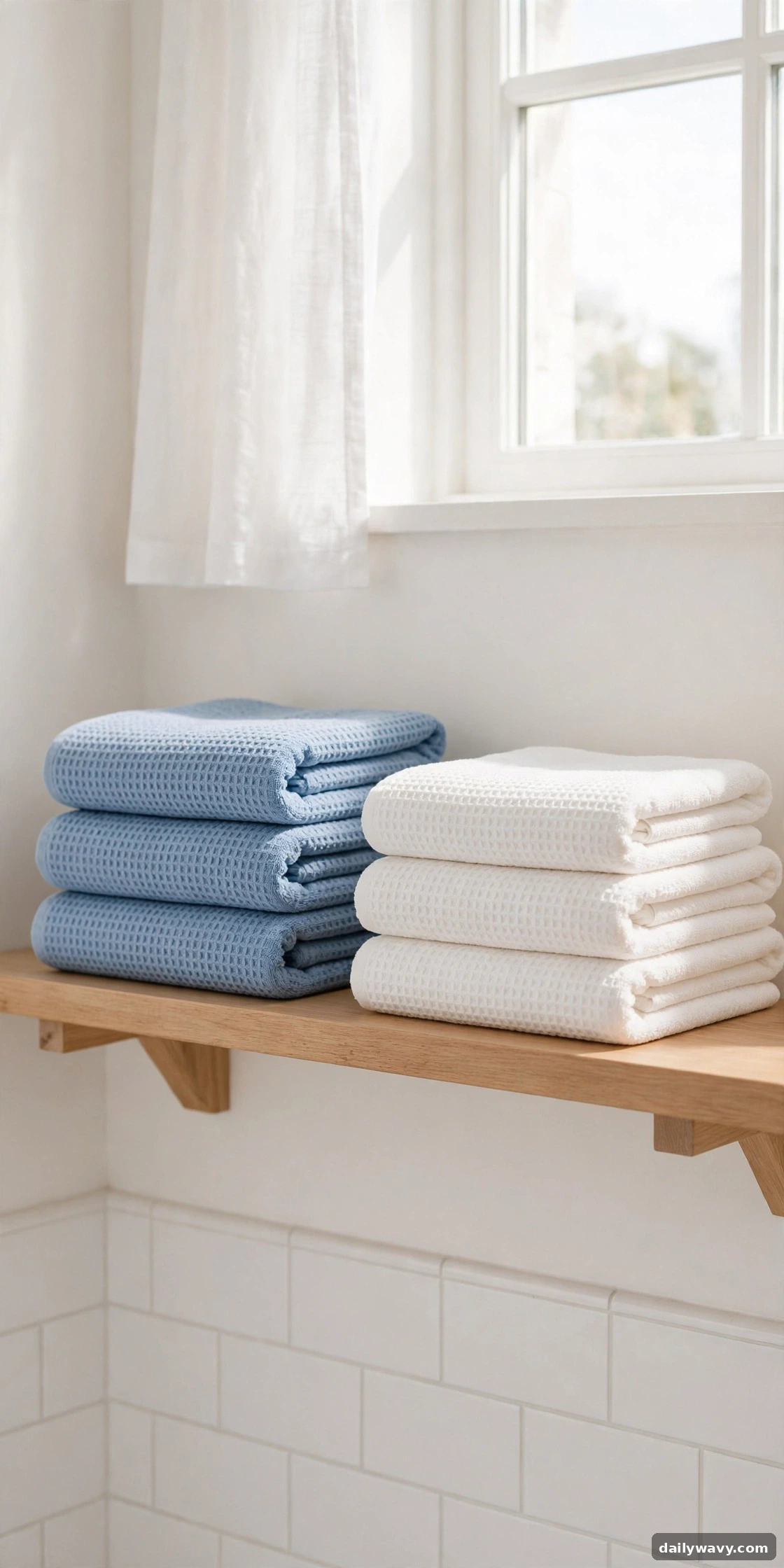 Folded soft blue and warm white towels in a coastal bathroom