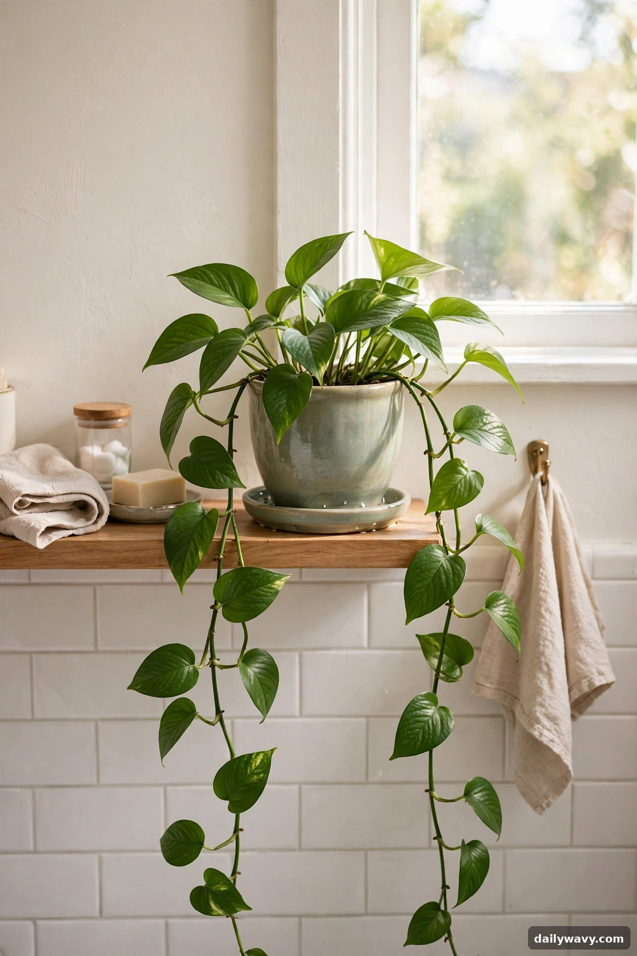 Small green plant in a bathroom with natural light