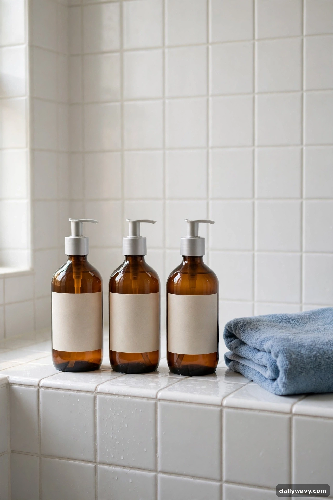Matching pump bottles and containers in a coastal bathroom