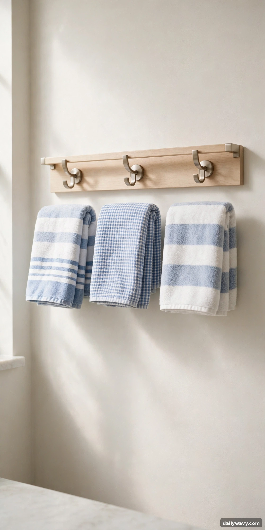 Hook rail with towels on a bathroom wall