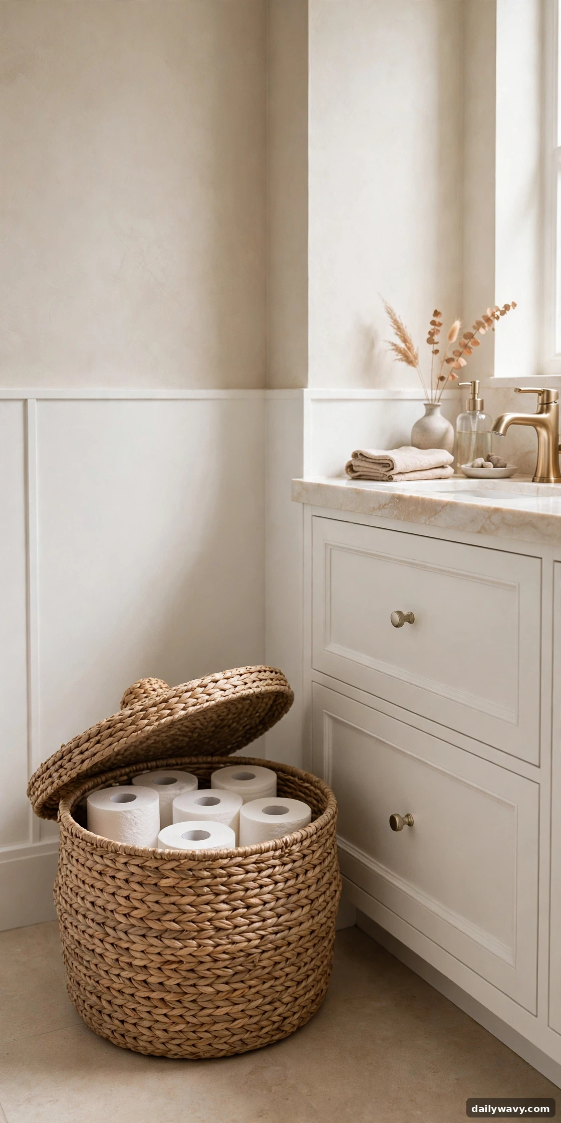 Closed woven basket in a coastal bathroom