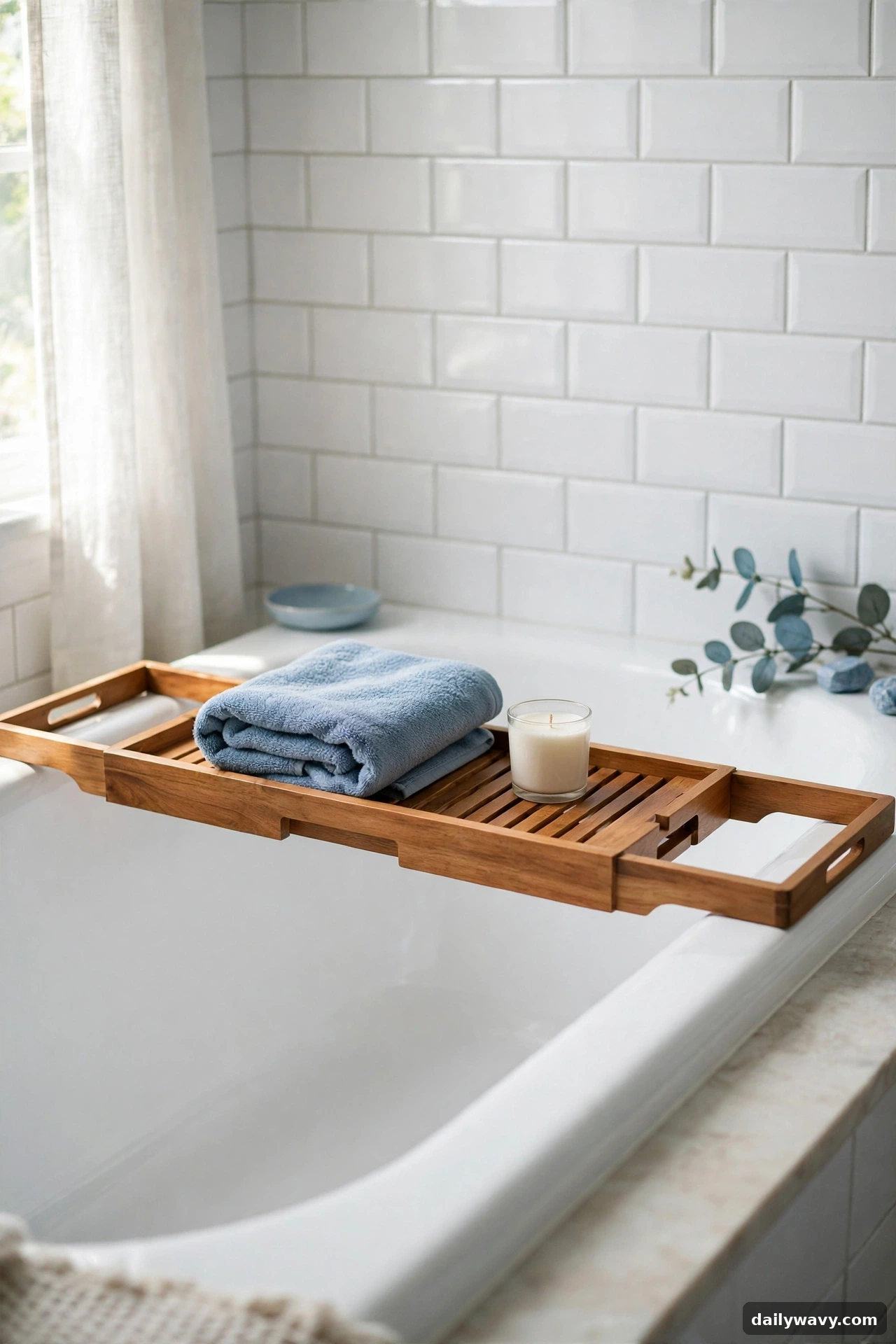 Wood-look bath caddy across a bathtub