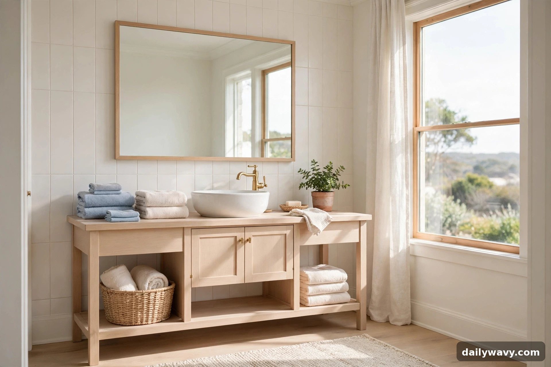 Coastal bathroom with soft blue and white towels, light wood vanity, and natural light