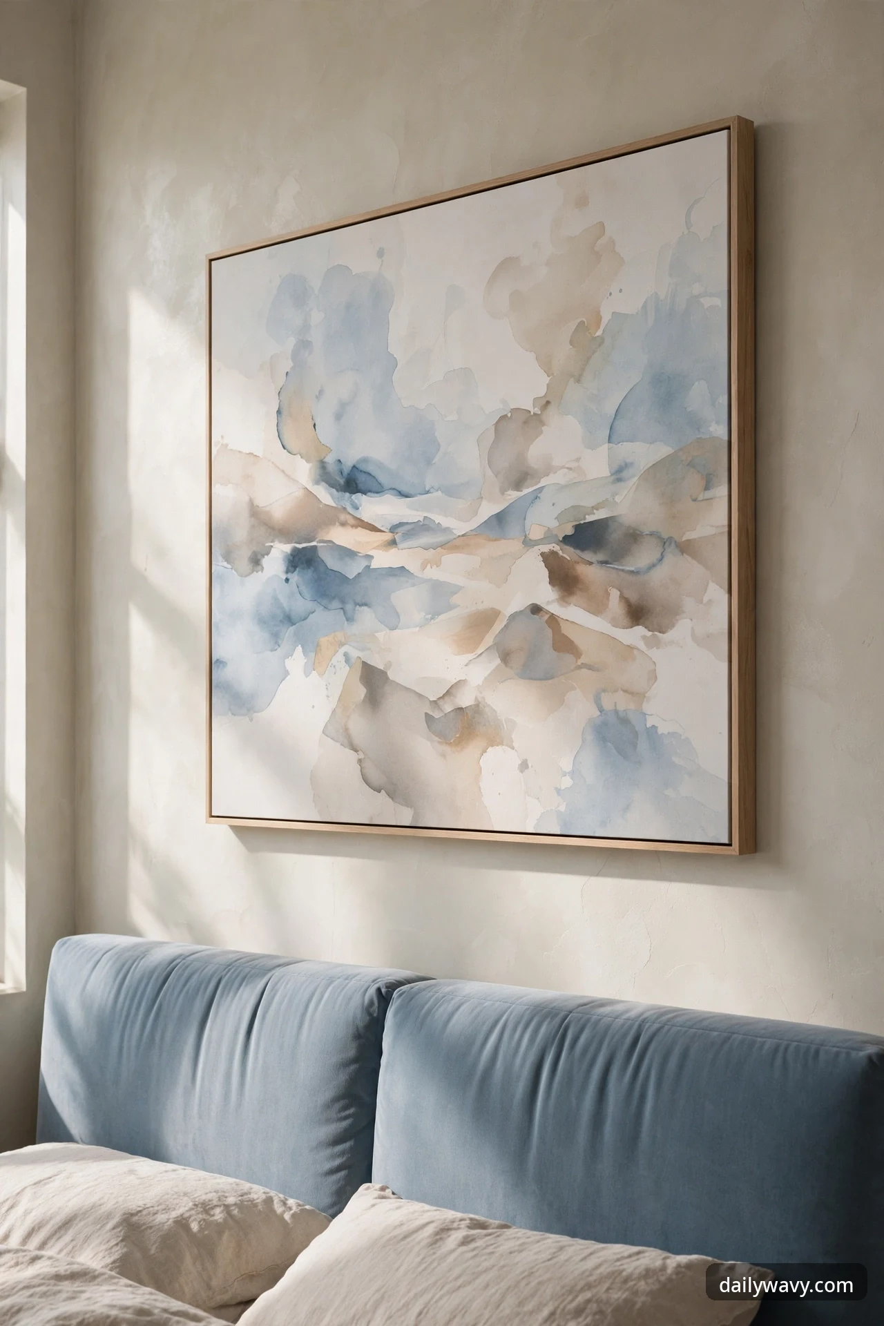 Large abstract watercolor print in soft blue and beige in a thin light-wood frame hanging above a blue upholstered headboard