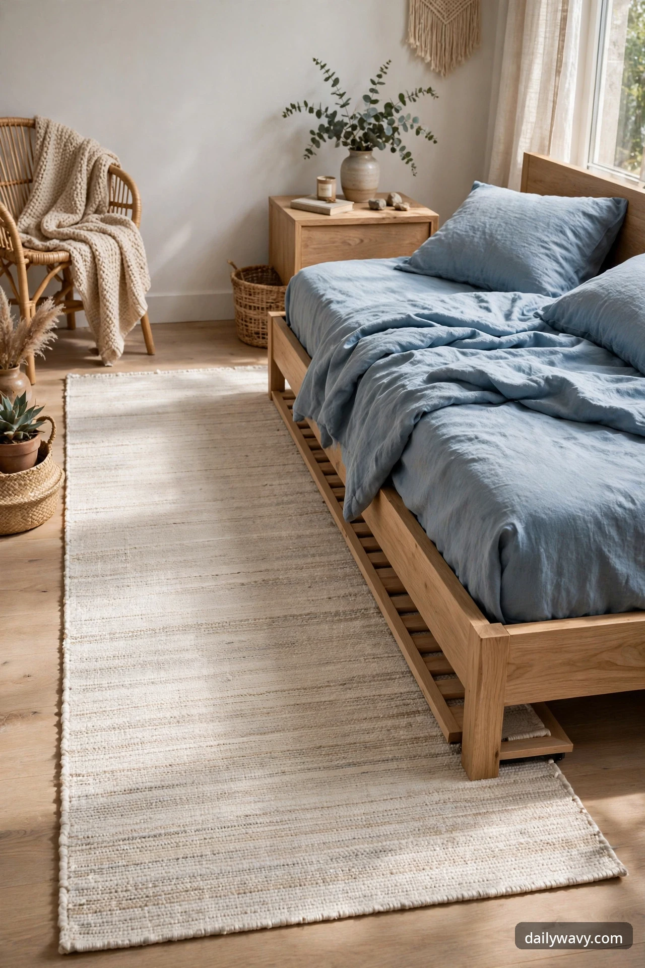 Long cream flat-weave rug runner laid beside a wooden bed with soft blue bedding in a bright bedroom