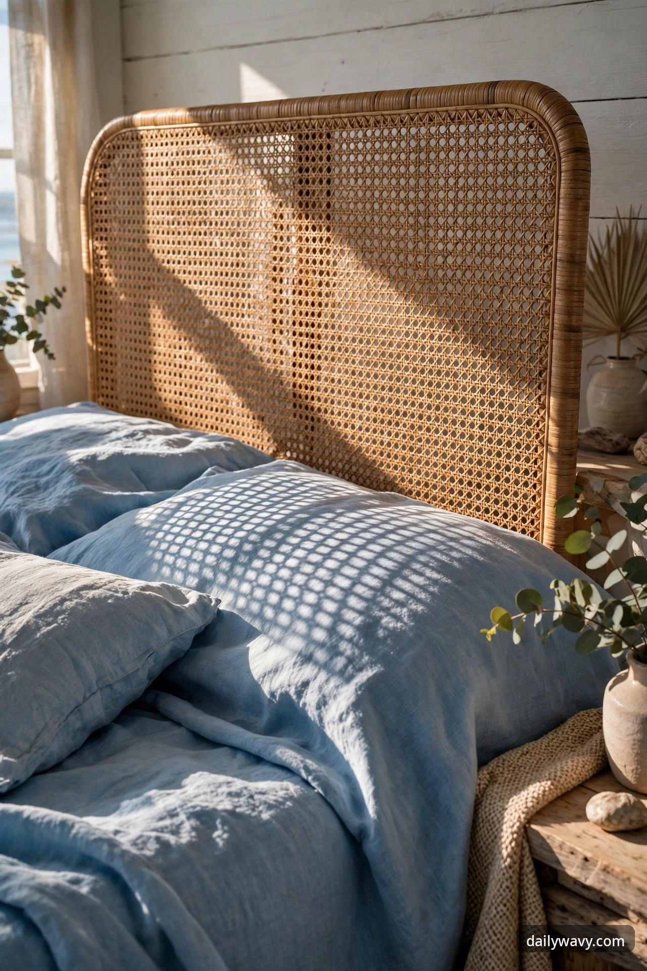 Rattan cane-webbing headboard with rounded corners casting grid shadows from sunlight onto soft blue pillows
