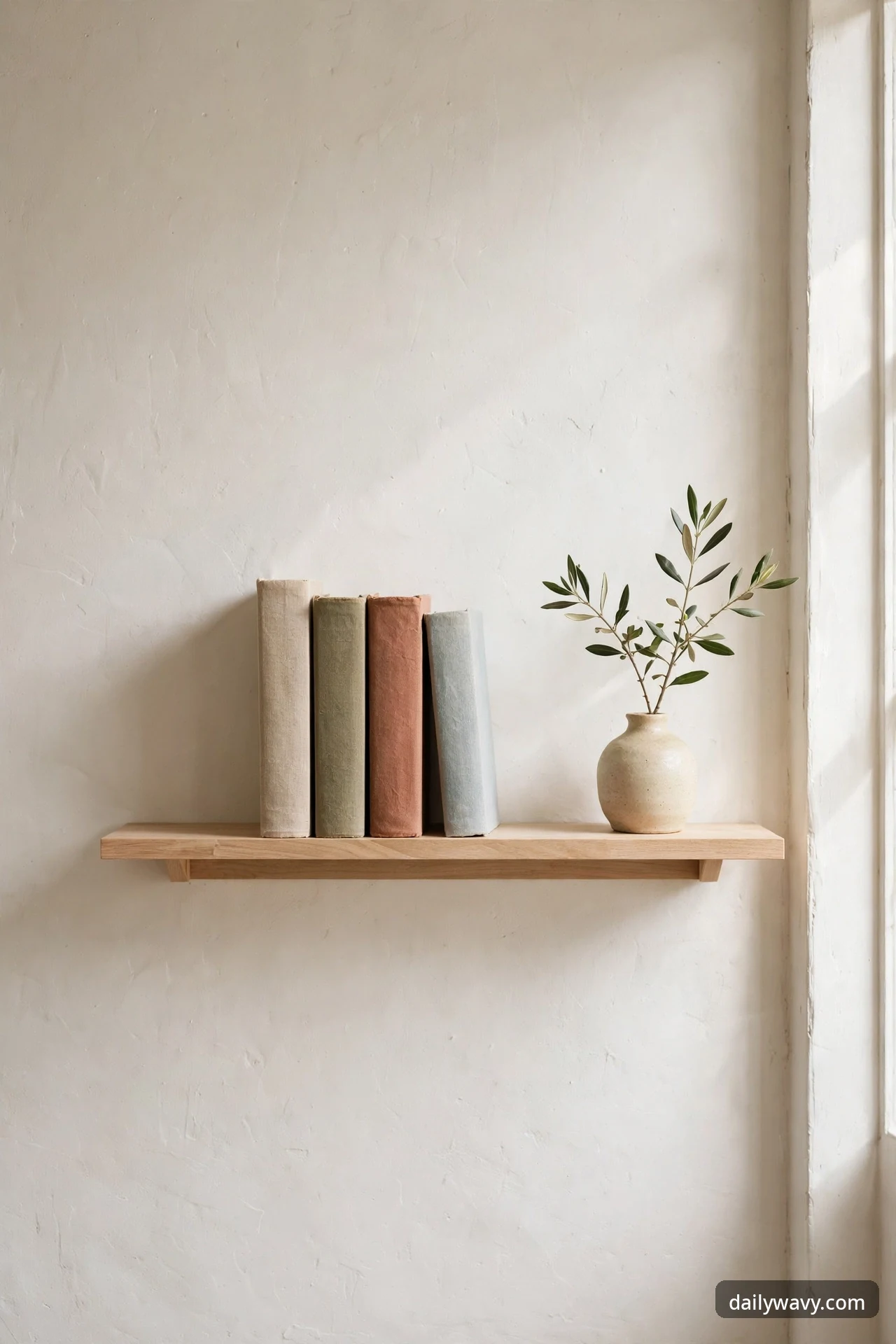Light-wood floating shelf on a plaster wall holding four upright books in muted tones and a small cream vase with olive sprigs