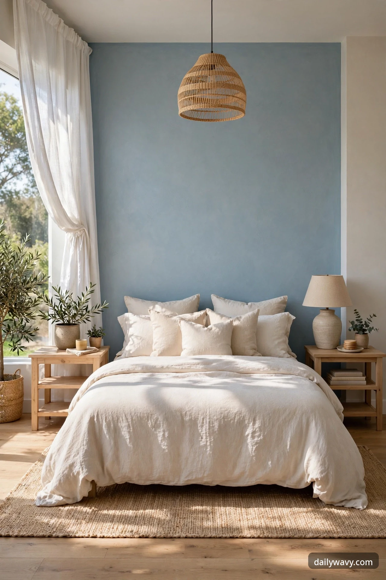 Bed with ivory bedding set against a soft blue feature wall, with a woven rattan pendant light above