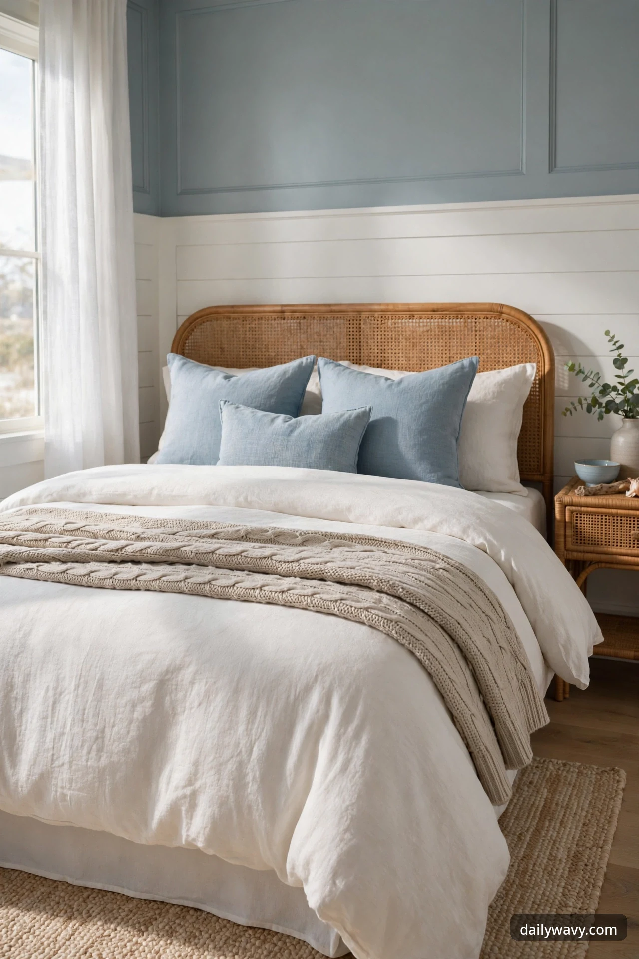 Chunky oatmeal cable-knit throw folded across the foot of a bed with white bedding and soft blue pillows