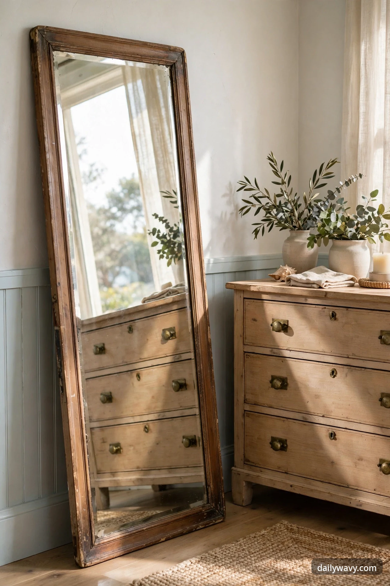 Tall vintage mirror with a worn dark-wood frame leaning beside a light-wood dresser with brass knobs