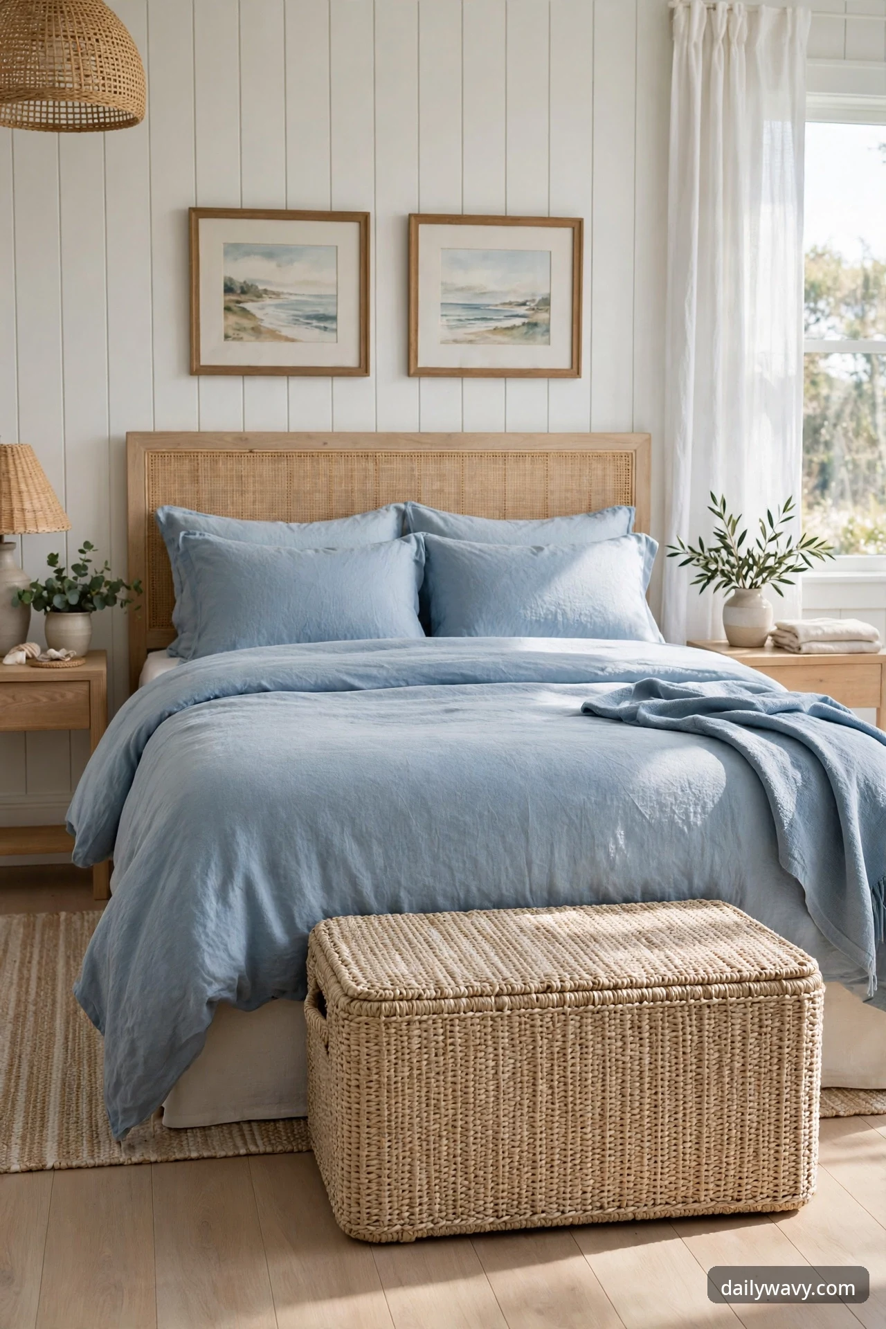 Woven seagrass storage ottoman with a lidded top sitting at the foot of a bed with soft blue bedding