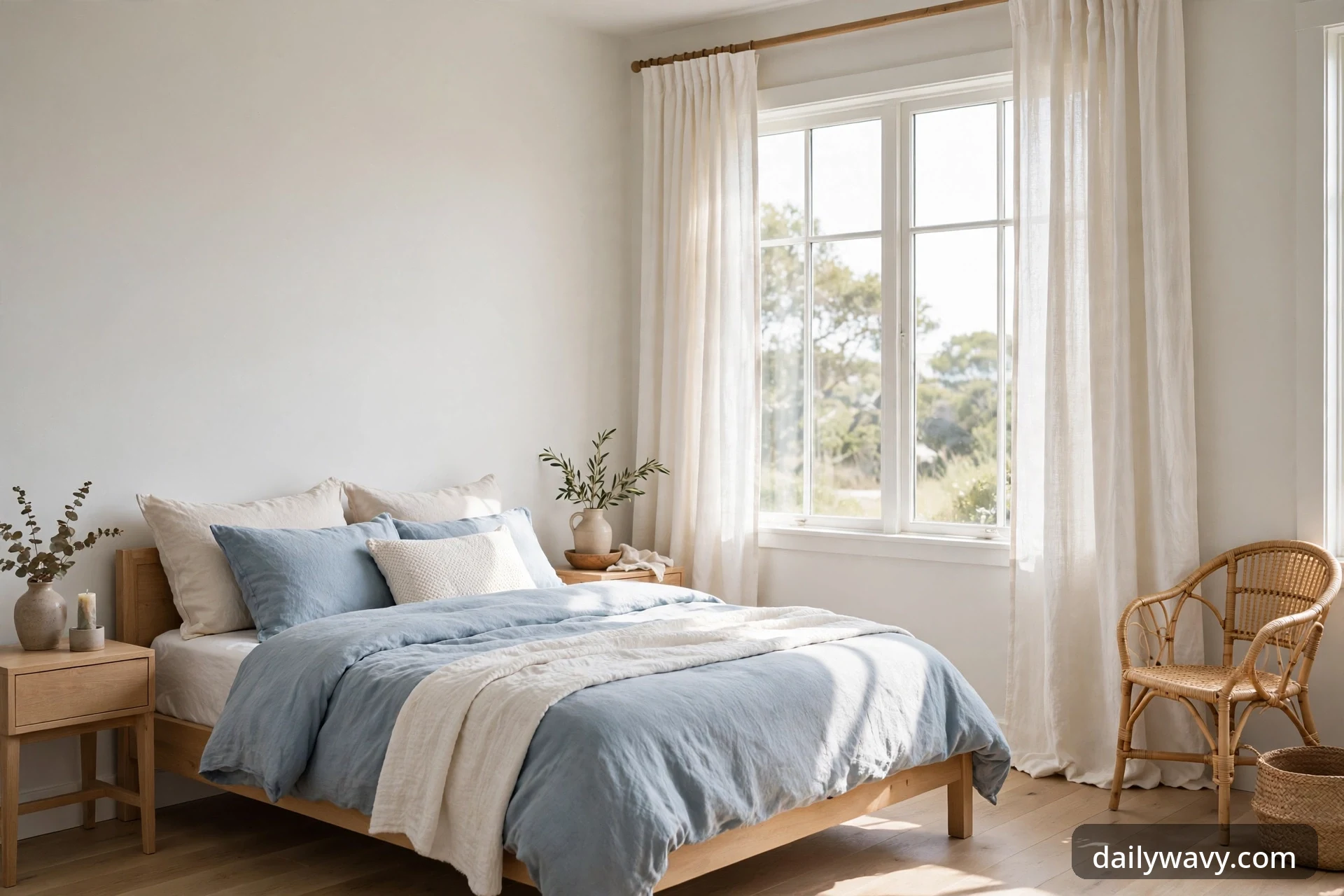 Wide view of a coastal bedroom with soft blue bedding, white linen curtains framing a sunny window, a rattan chair, and a woven basket