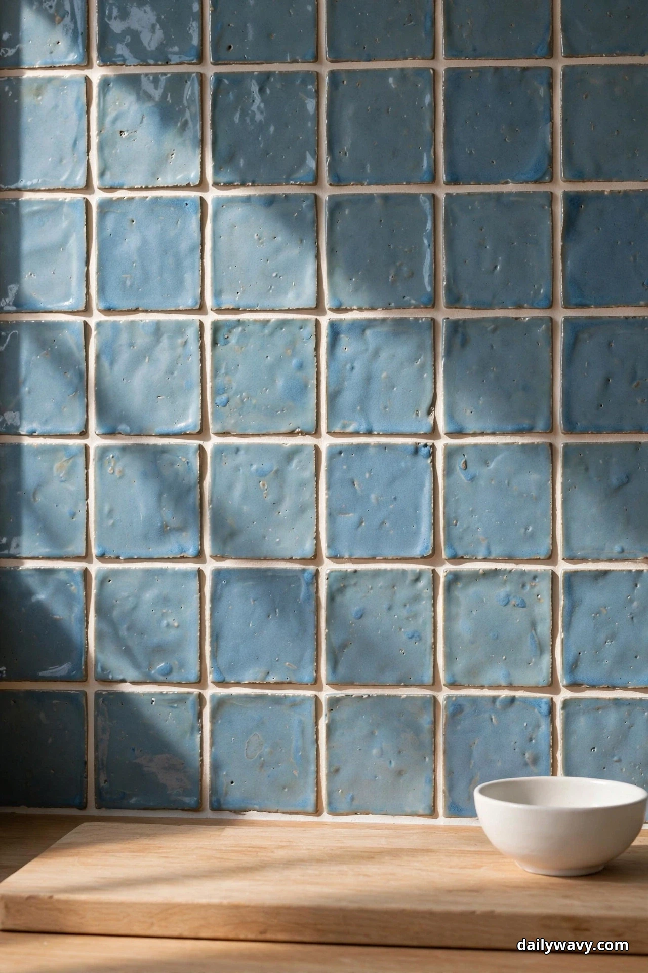 A close view shows handmade-look square tiles in dusty sea blue with a gently uneven glaze and warm grout, above a light wood board with a small white bowl resting on it