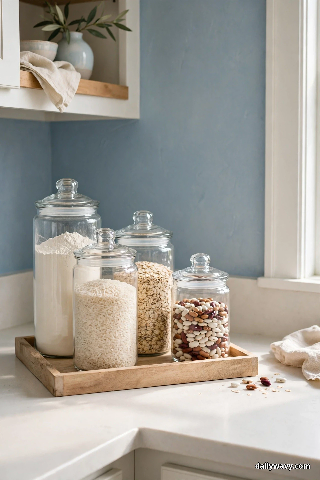 Four lidded glass canisters filled with flour, rice, oats, and dried beans stand grouped on a light wood tray in a kitchen corner against a soft blue wall