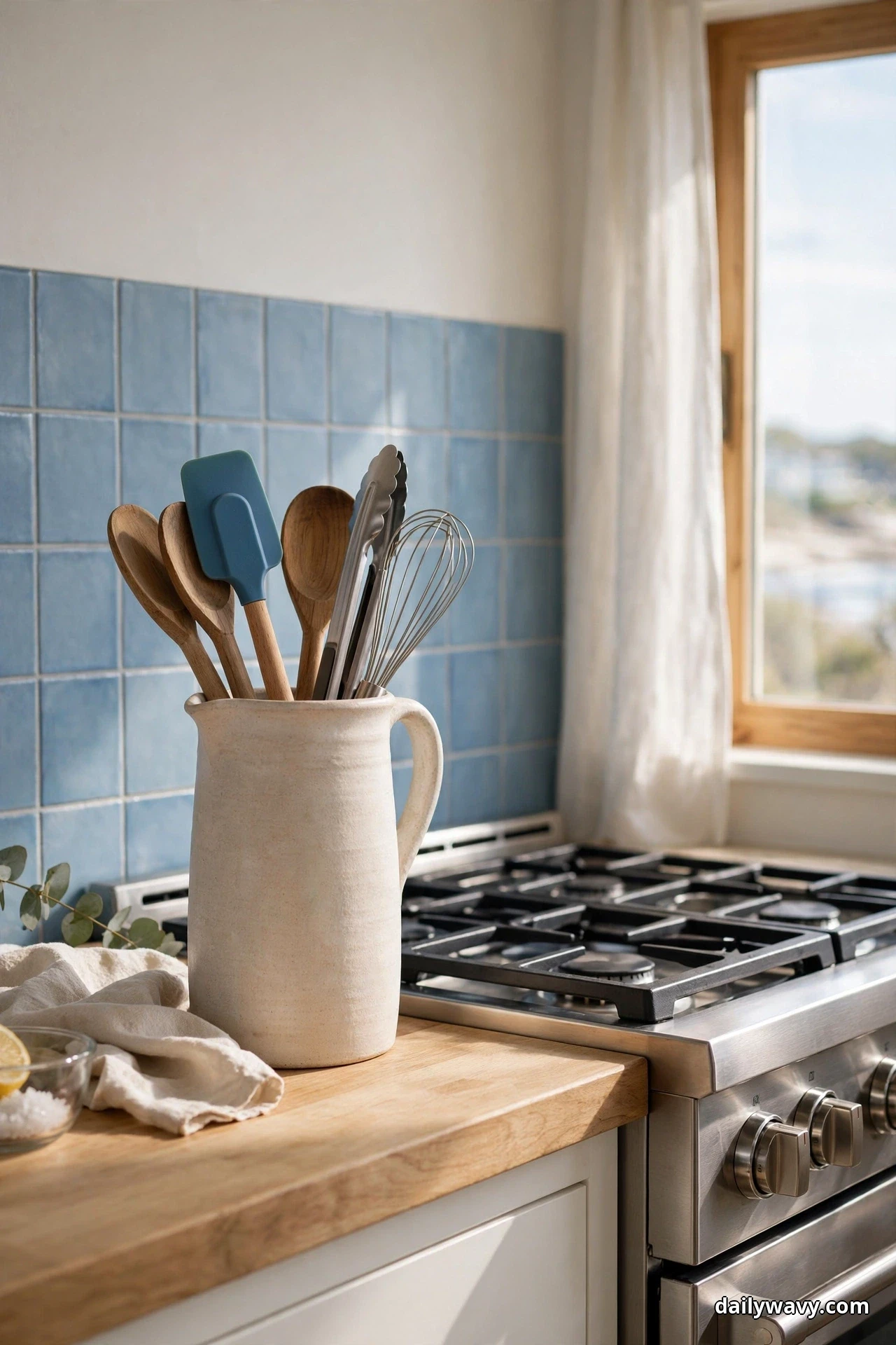 A tall warm white stoneware pitcher holds wooden spoons, a blue spatula, tongs, and a whisk on a light wood counter beside a stainless steel gas stove, with a soft blue tile backsplash behind it