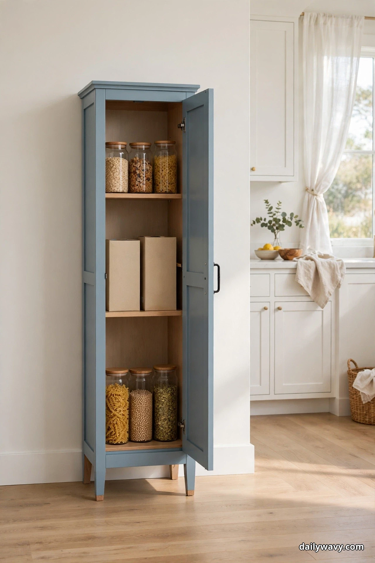 A slim freestanding pantry cabinet painted soft blue stands open against a warm white wall, its light wood shelves holding glass jars of pasta and grains and two plain storage boxes