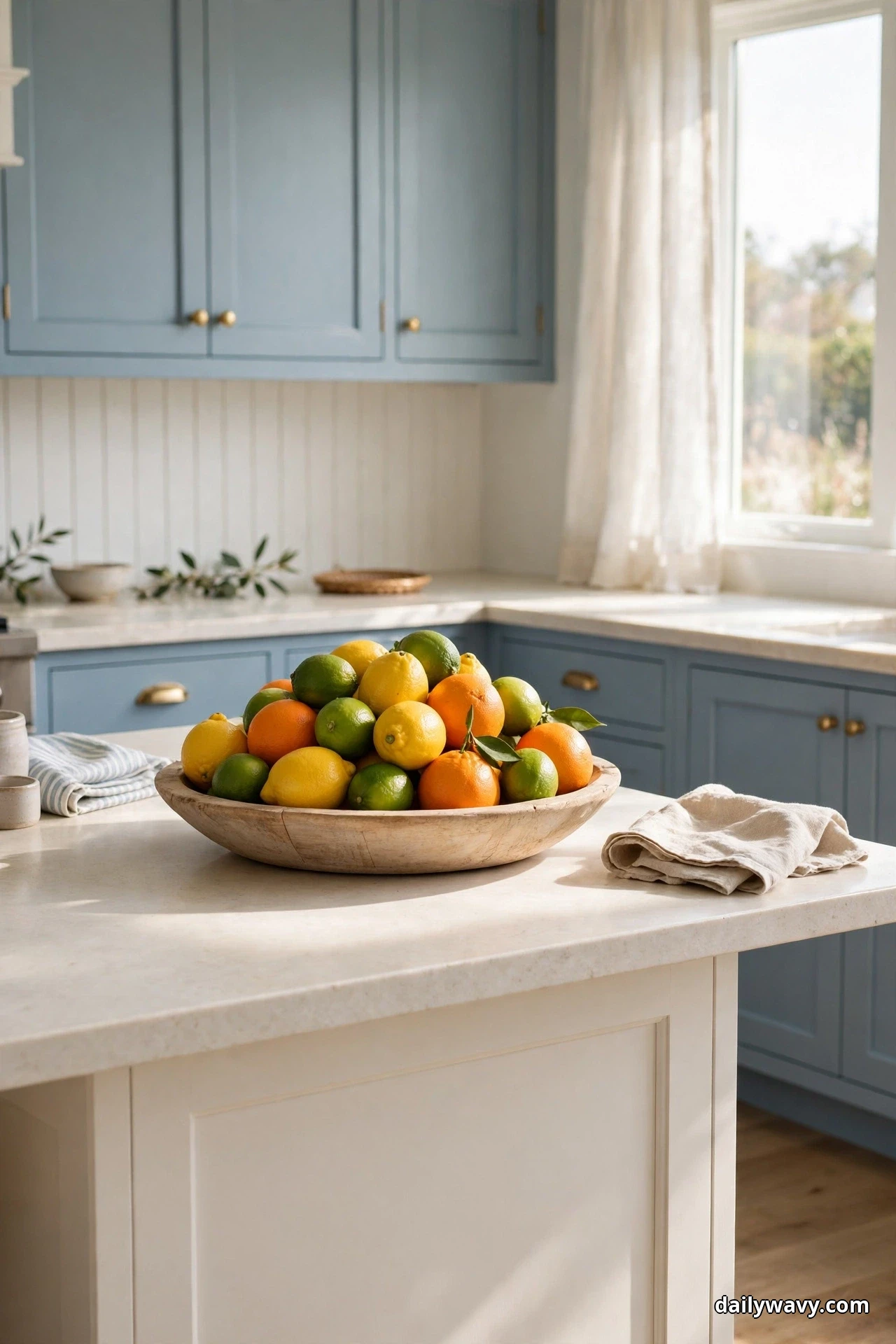 A shallow light wood dough bowl mounded with lemons, limes, and oranges sits on a warm white kitchen island with soft blue cabinets behind it