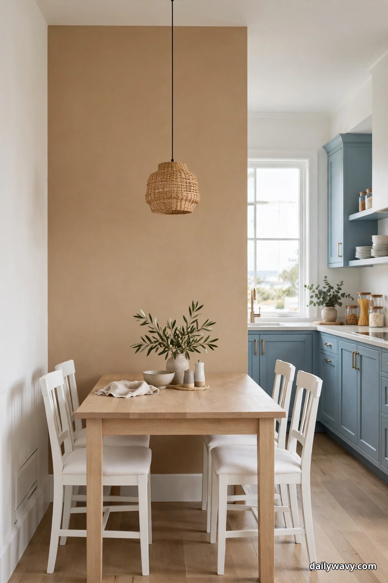 A dining nook with a warm sand accent wall holds a light wood table and four white chairs under a woven pendant light, with a soft blue kitchen visible in the background