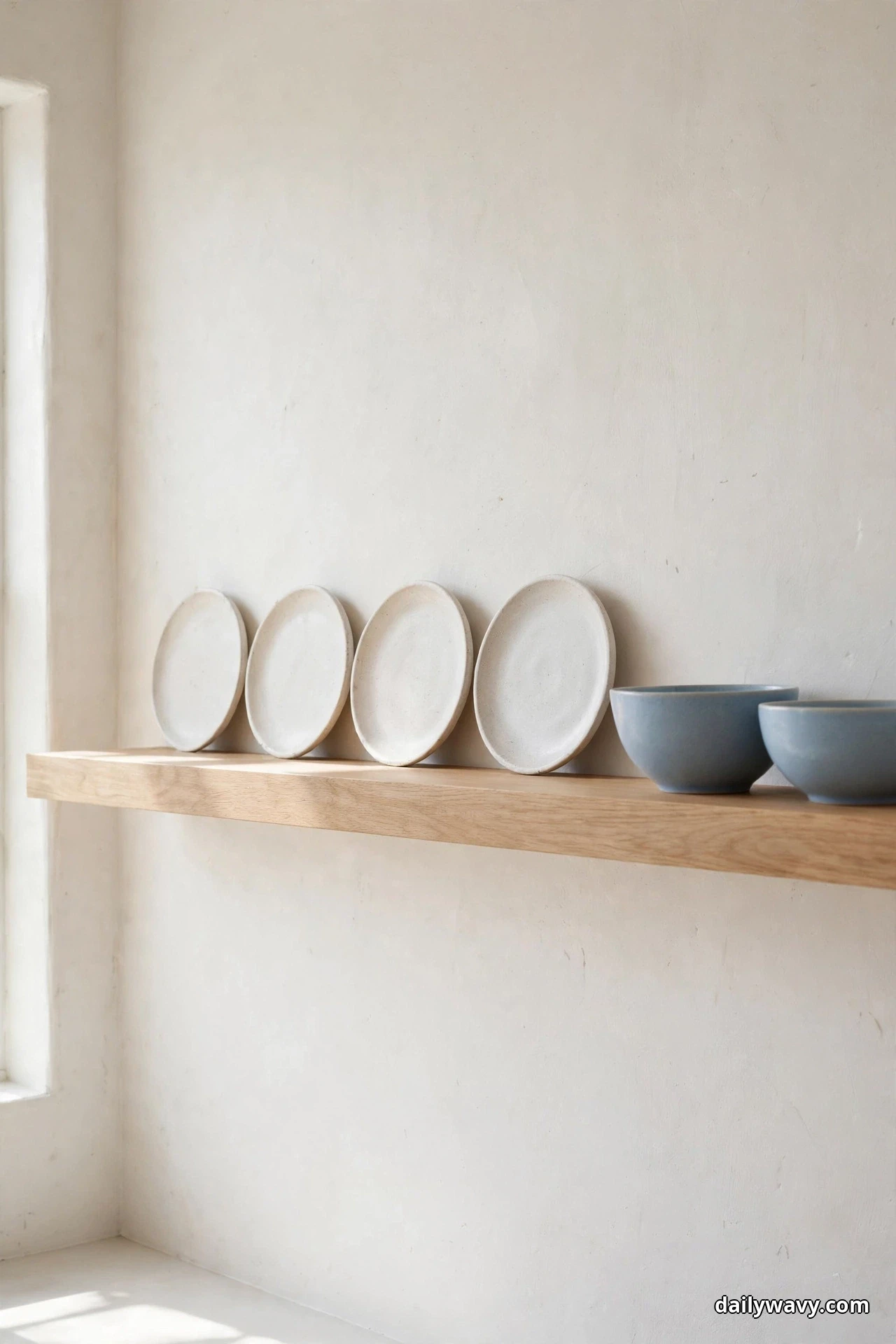 A single light wood floating shelf holds four white stoneware plates leaned in a row against a warm white wall, beside two soft blue bowls