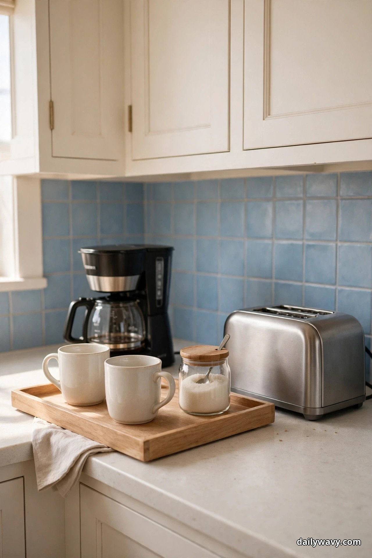 A light wood tray on the counter holds two white mugs and a lidded glass sugar jar in front of a drip coffee maker, with a stainless steel toaster beside it against a soft blue tile backsplash