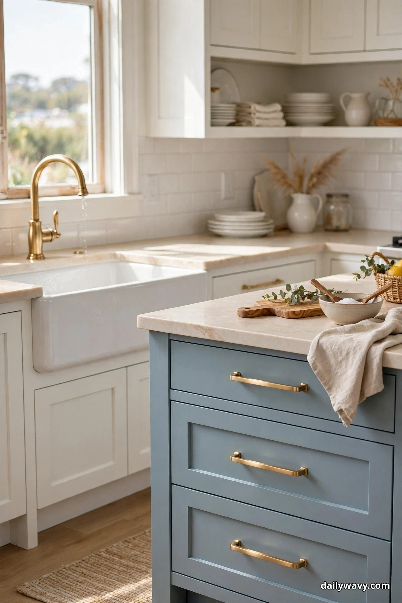 A brushed brass faucet at a white farmhouse sink repeats in the matching brass bar pulls on the soft blue island drawers, across warm white counters
