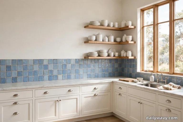 A wide view shows a coastal kitchen corner with a soft blue handmade-look tile backsplash, warm white cabinets, and three light wood open shelves holding white stoneware beside a sink under tall wood-framed windows
