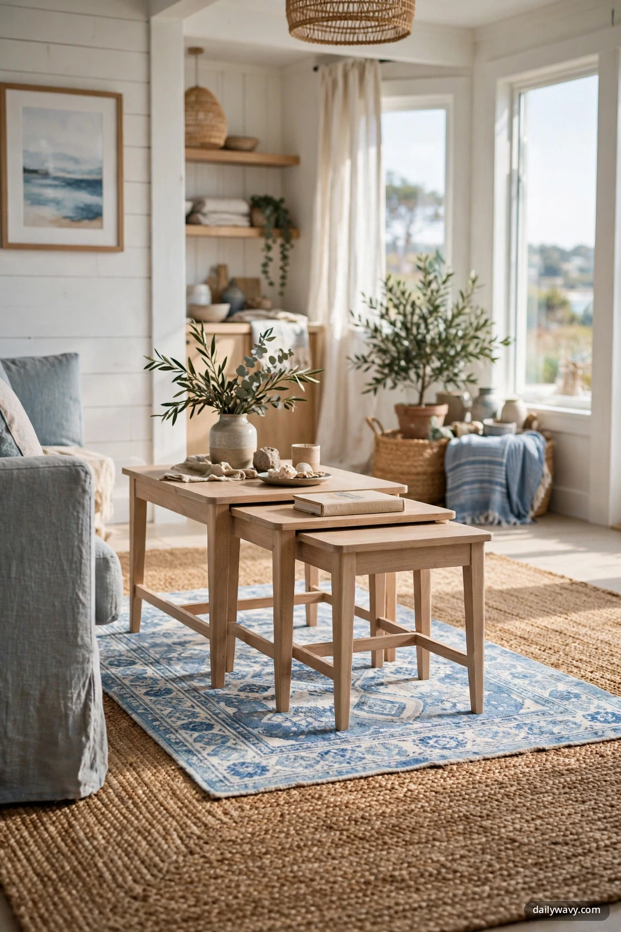 Light wood nesting tables stand on a blue and white patterned rug layered over a larger natural jute rug, with a ceramic vase of greenery on the largest table and the arm of a pale blue sofa at the left