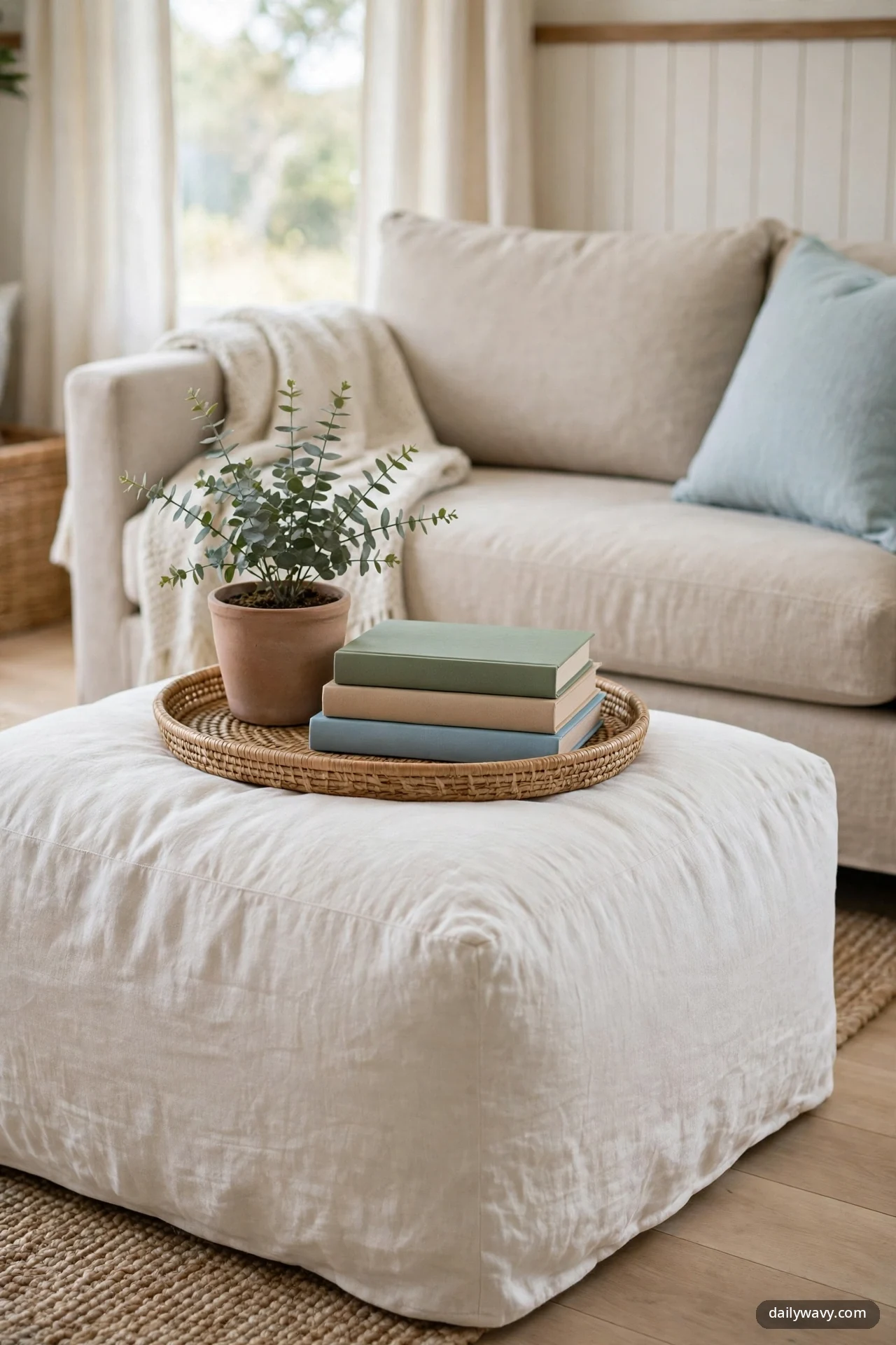 A large warm white linen ottoman in front of a cream sofa holds a round woven tray with a terracotta pot of eucalyptus and a stack of three books