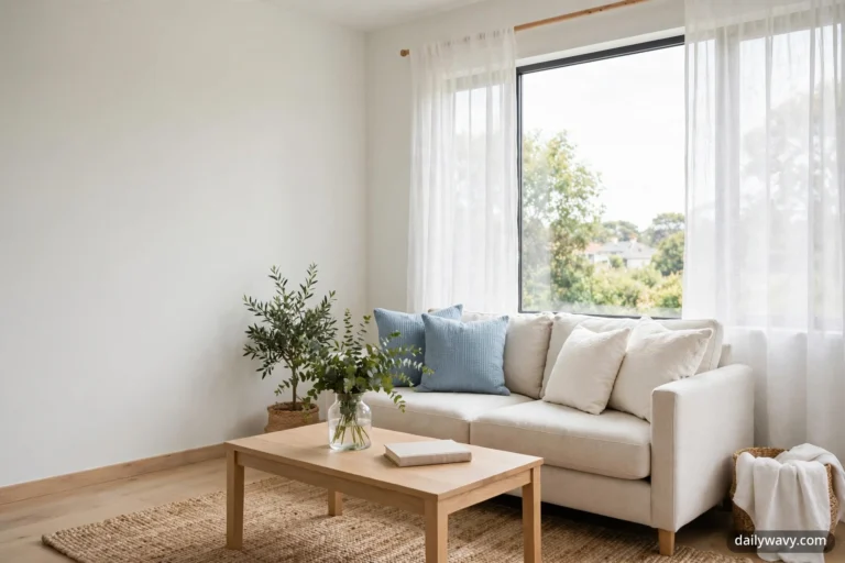 A wide view of a coastal living room shows a warm white sofa with soft blue and cream cushions beside a large window with sheer curtains, a light wood coffee table on a woven jute rug, and an olive tree in a woven basket planter in the corner