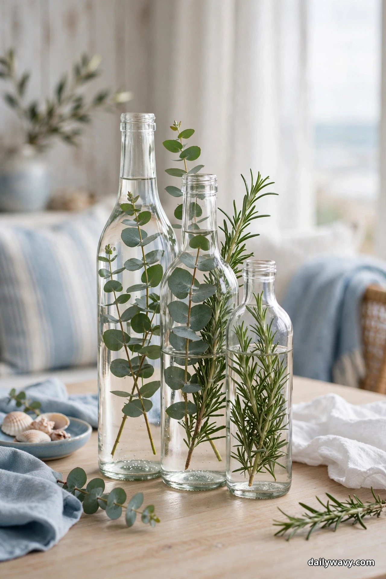 Three clear glass bottles of different heights hold eucalyptus and rosemary cuttings on a light wood table with soft blue linen