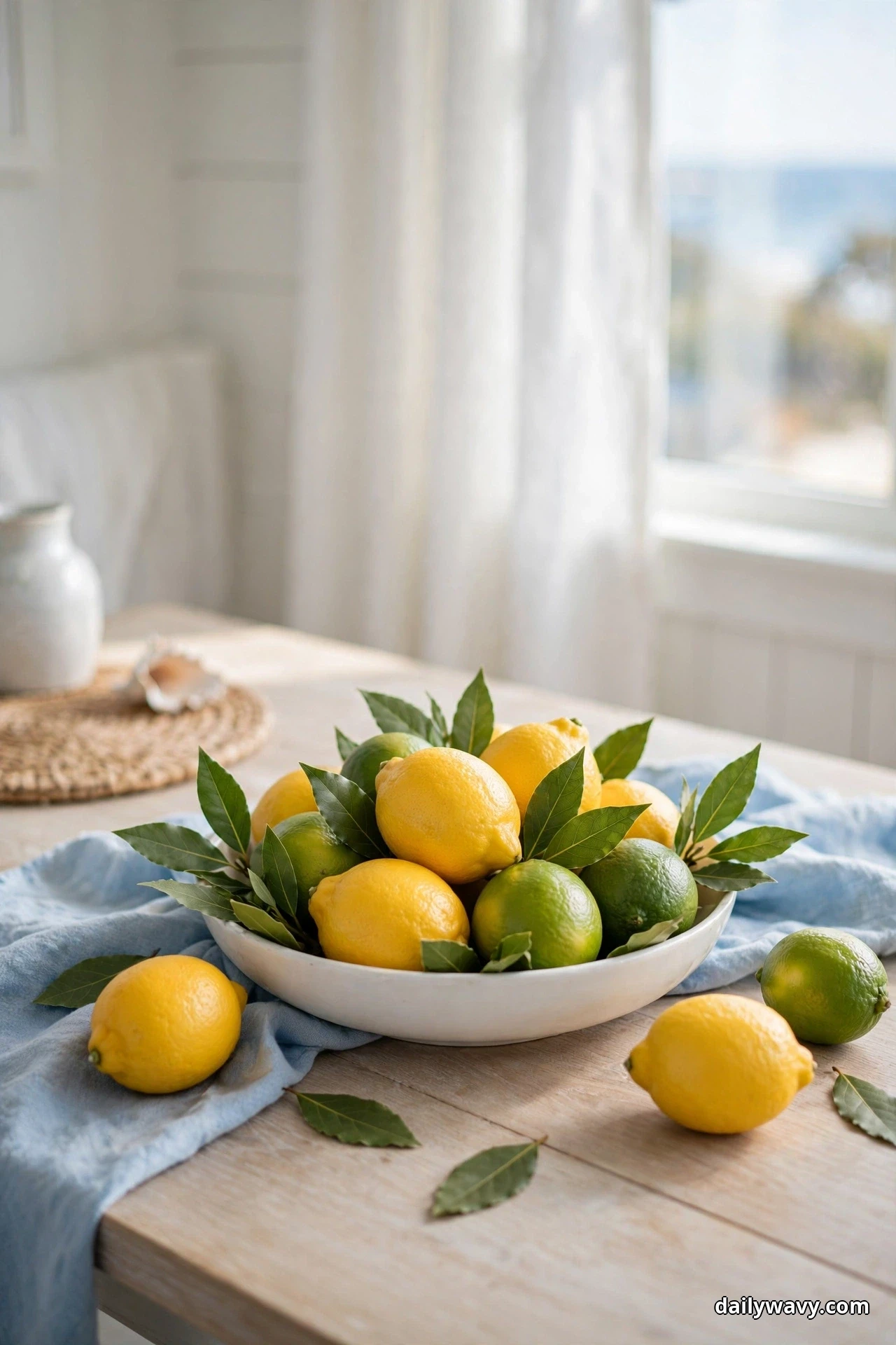 A shallow white bowl filled with lemons and limes is tucked with green leaves on a light wood table with soft blue linen