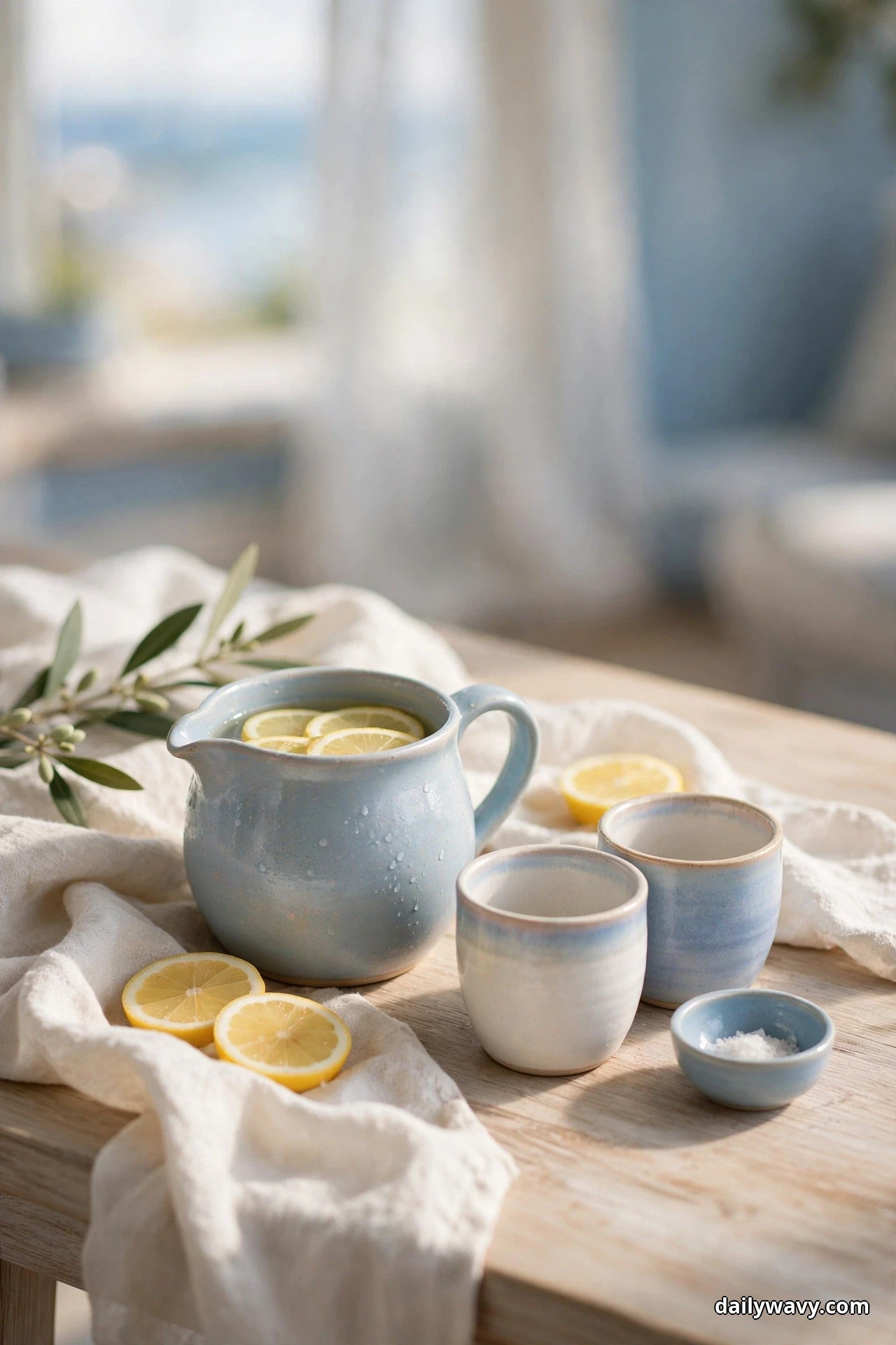 A soft blue stoneware pitcher filled with water and lemon slices stands with two stoneware cups and a small bowl on rumpled white linen