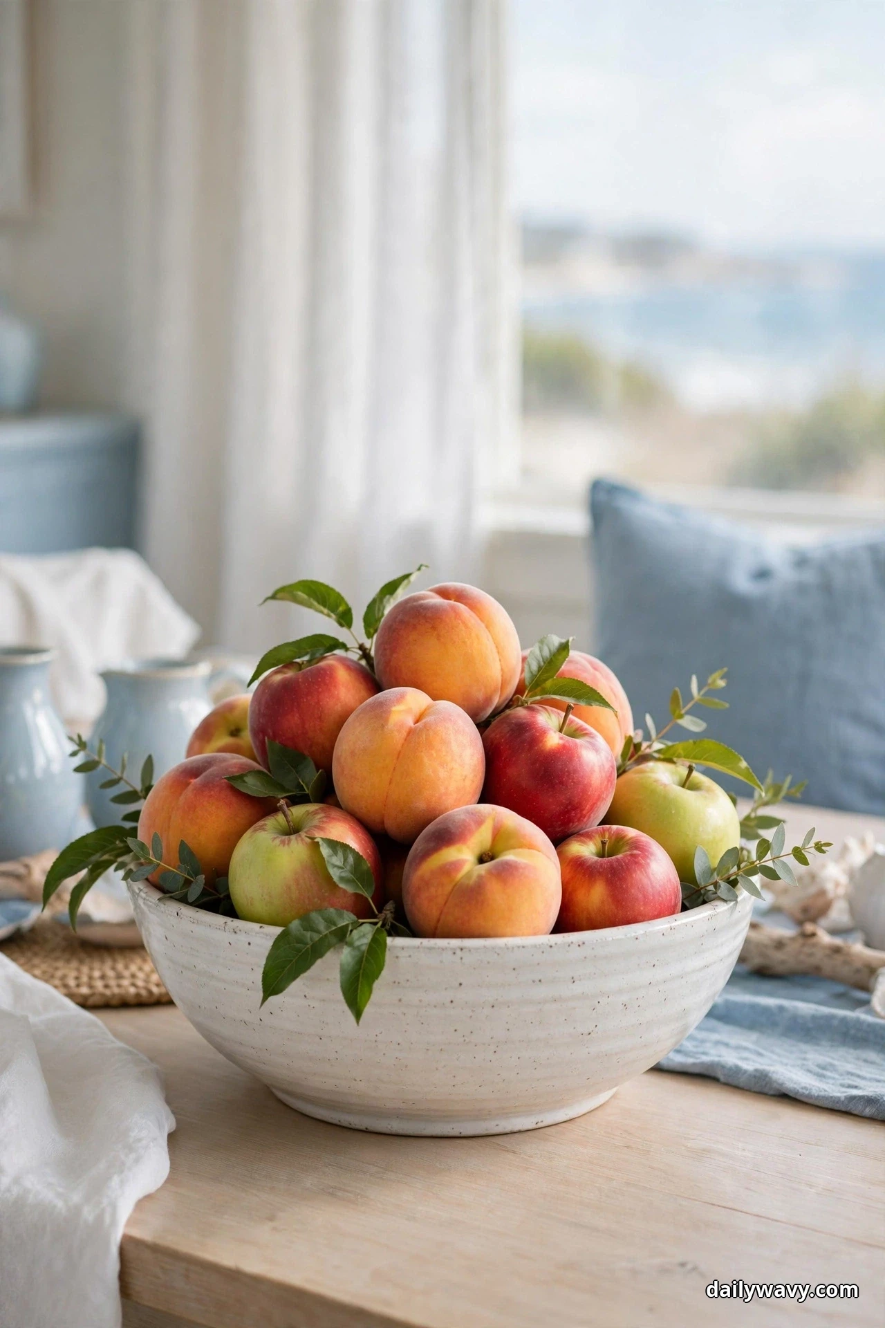 A generous white ceramic bowl is piled with peaches and apples with green leaves tucked between the fruit