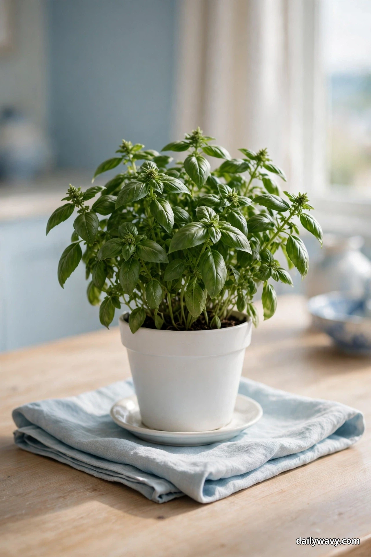 A bushy potted basil plant in a white pot stands on a small saucer over a folded pale blue linen square on a wood table