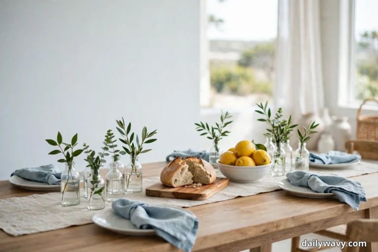 A light wood dining table is set with a natural linen runner, a torn loaf on a wooden bread board, a white bowl of lemons and small glass bottles holding green cuttings, with white plates and soft blue linen napkins at each seat