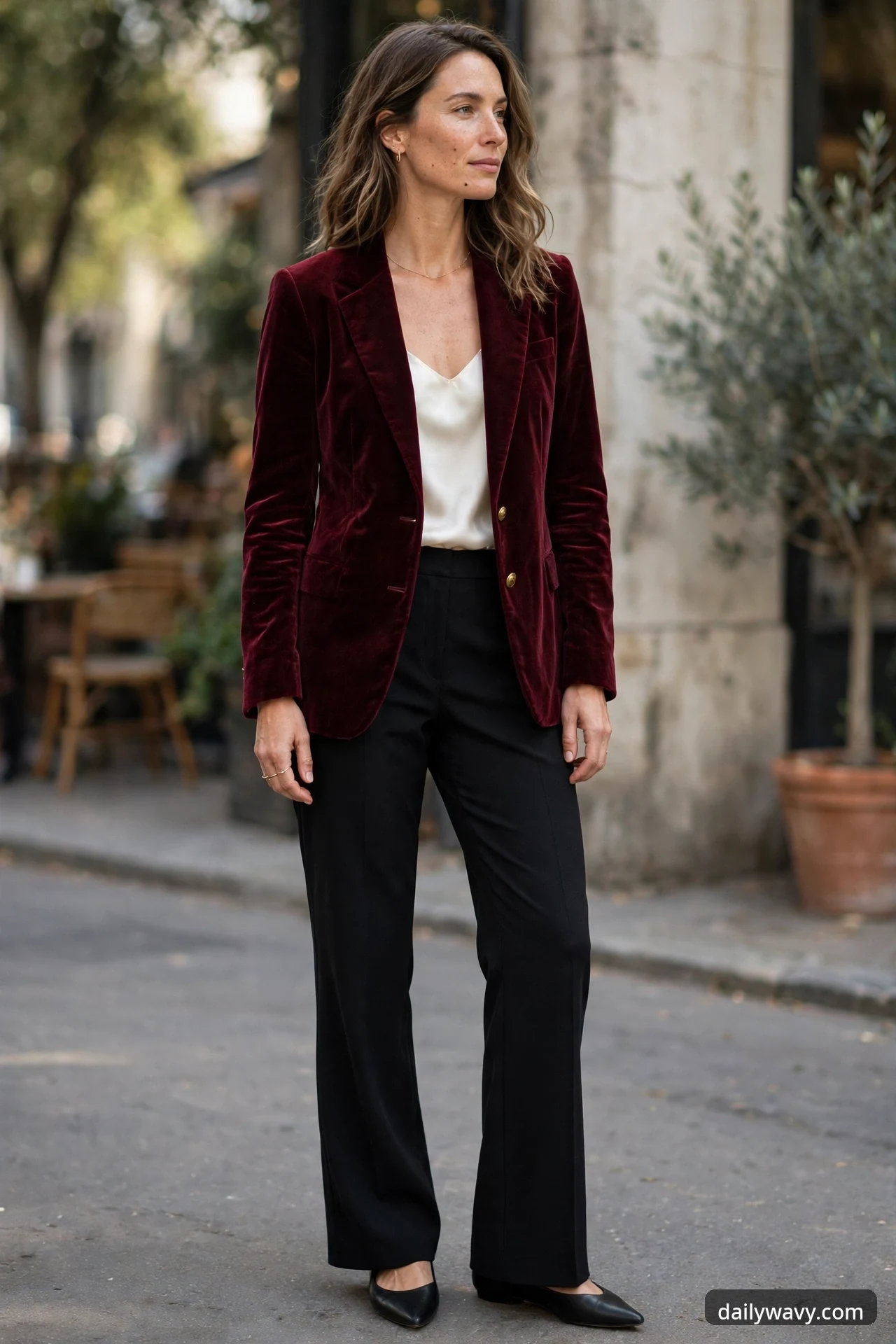A woman stands on a city sidewalk wearing a burgundy velvet blazer over a white satin camisole, black straight trousers and black pointed ballet flats.