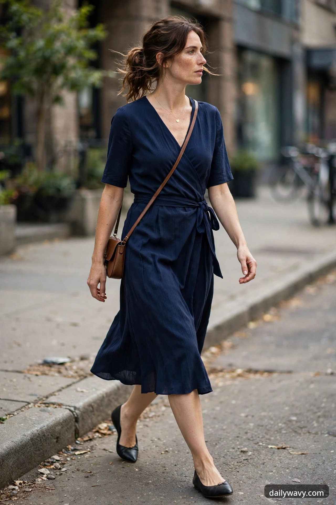 A woman walks down a city street wearing a navy wrap midi dress with a tied waist sash, black pointed ballet flats and a tan leather crossbody bag.