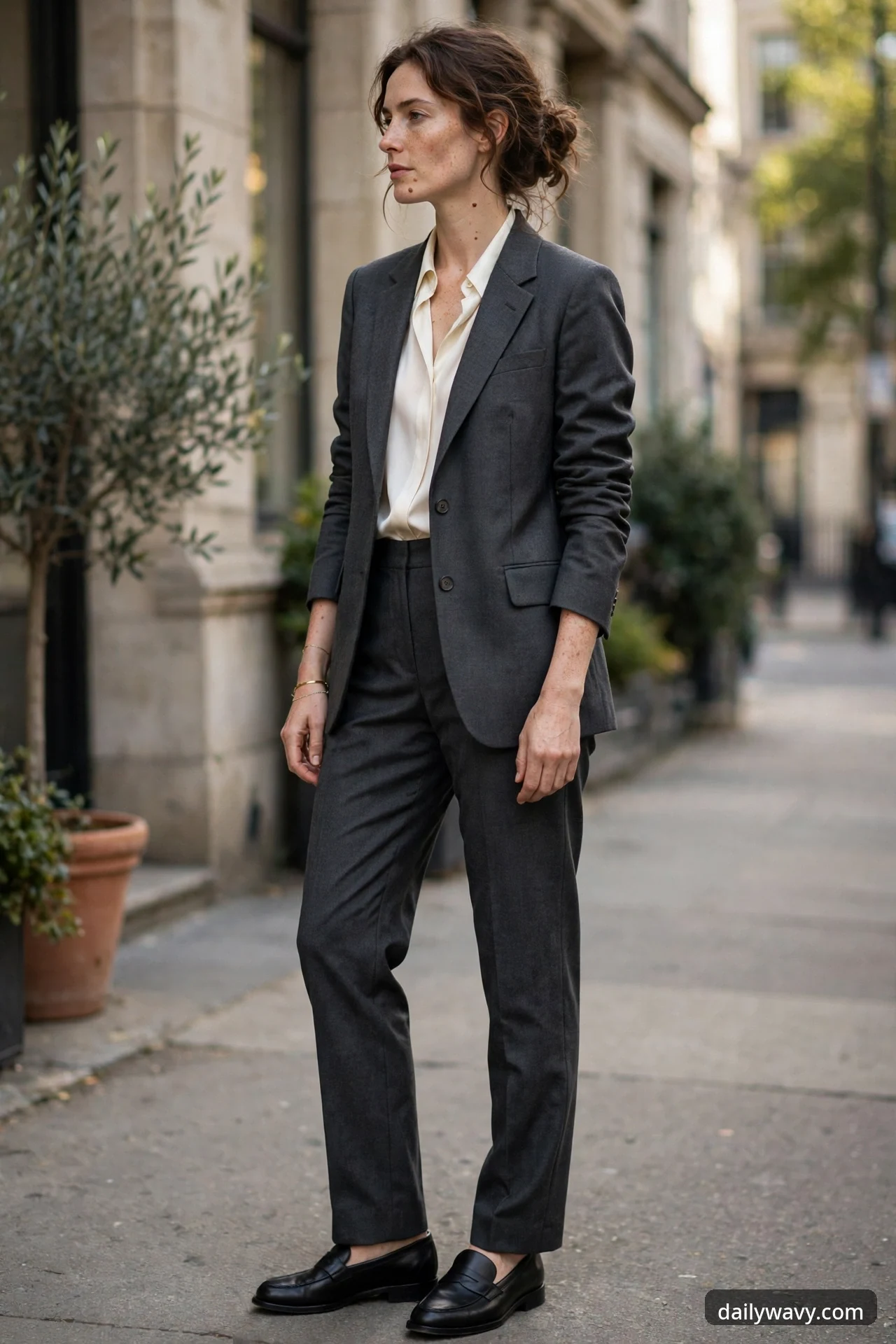 A woman stands on a city sidewalk wearing a charcoal tailored suit with an ivory silk button-down blouse and black leather loafers.