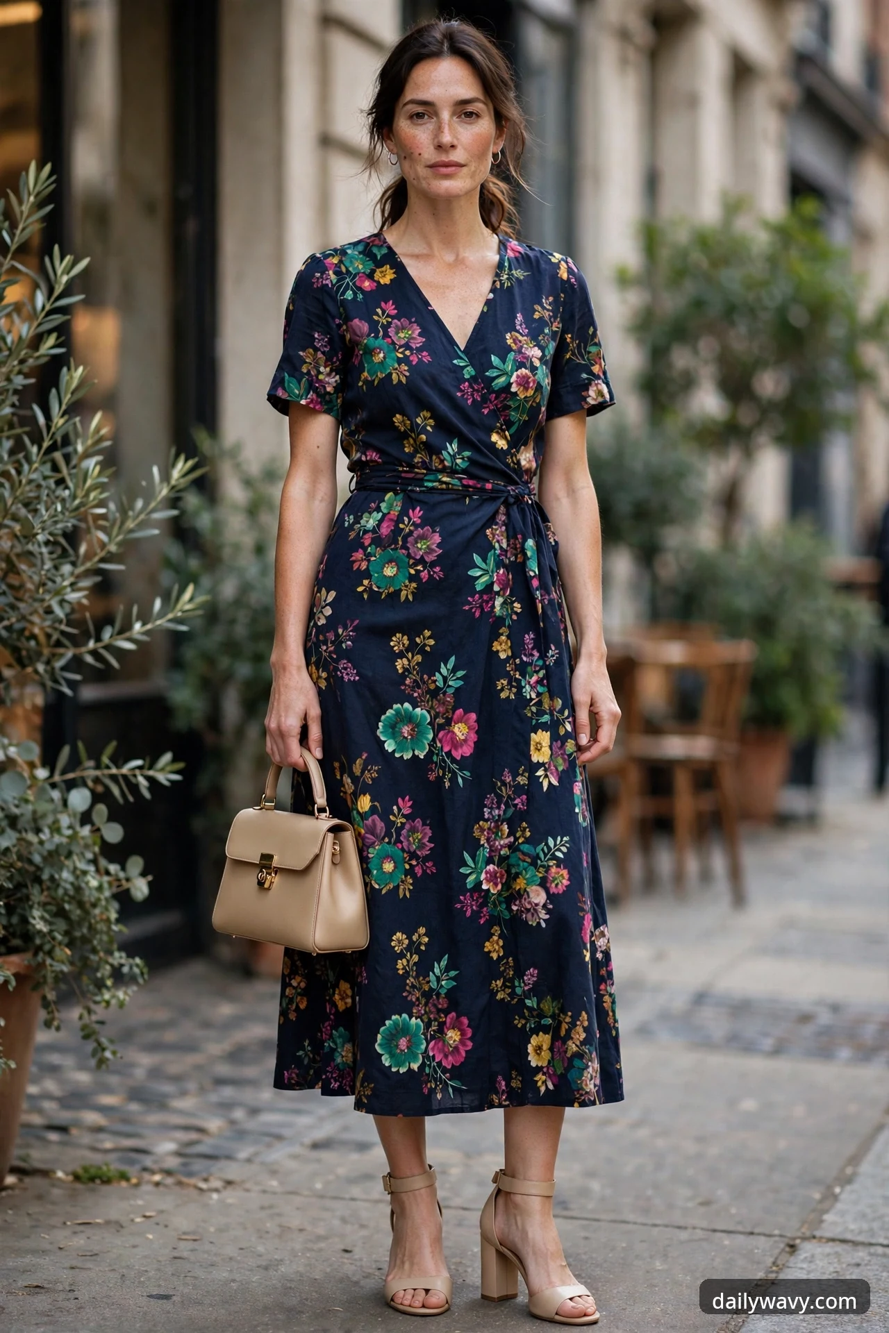 A woman stands on a city street wearing a navy wrap midi dress with a multicolor floral print and a tied waist sash, nude block-heel sandals and a tan top-handle handbag.