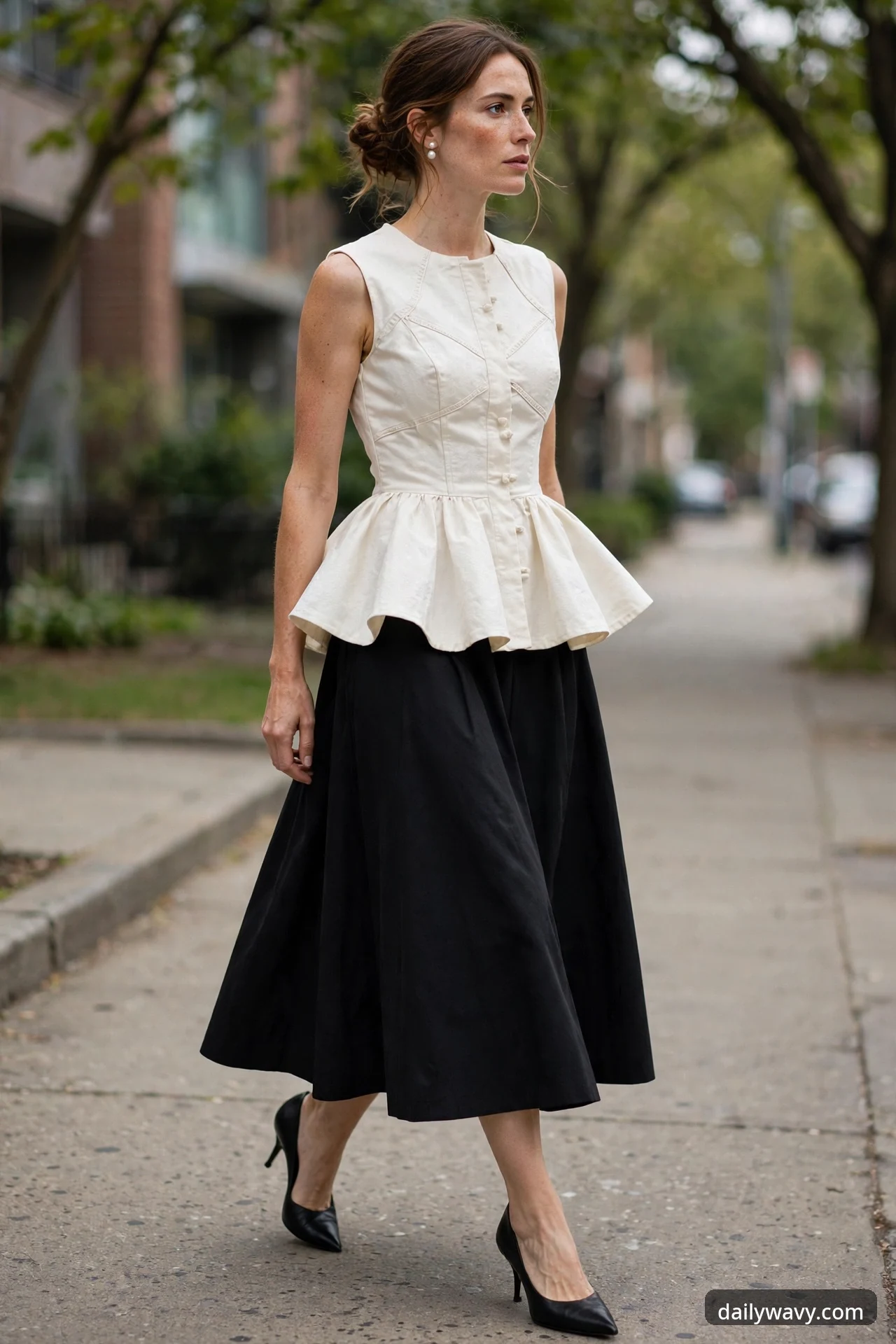 A woman stands on a tree-lined sidewalk wearing an ivory sleeveless peplum top with a button front, a black A-line midi skirt and black pointed pumps.
