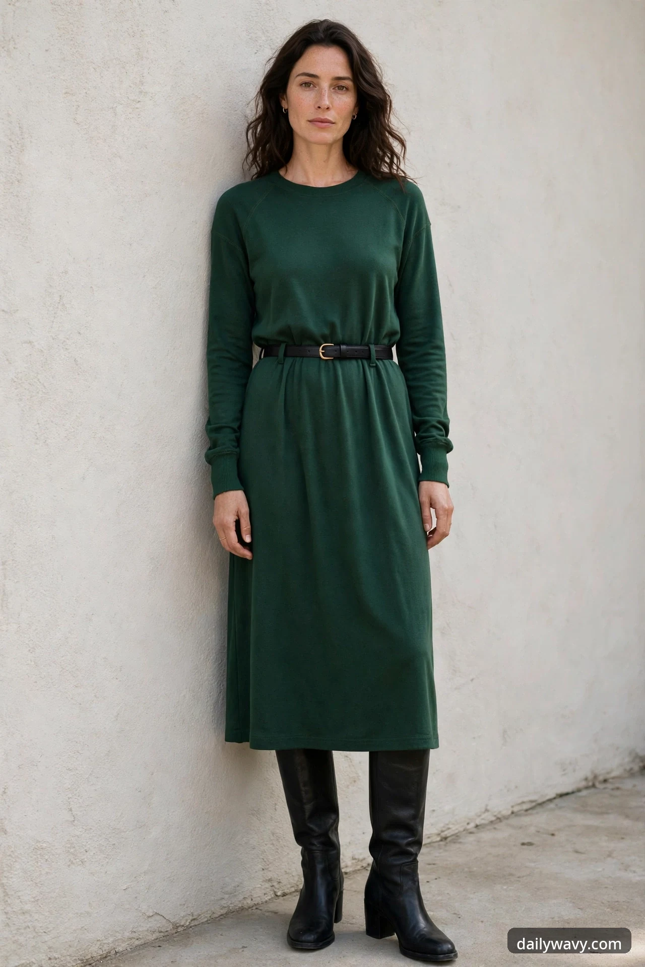 A woman stands against a plain wall wearing an emerald green long-sleeve knit dress with a narrow black belt, styled with black knee-high boots.
