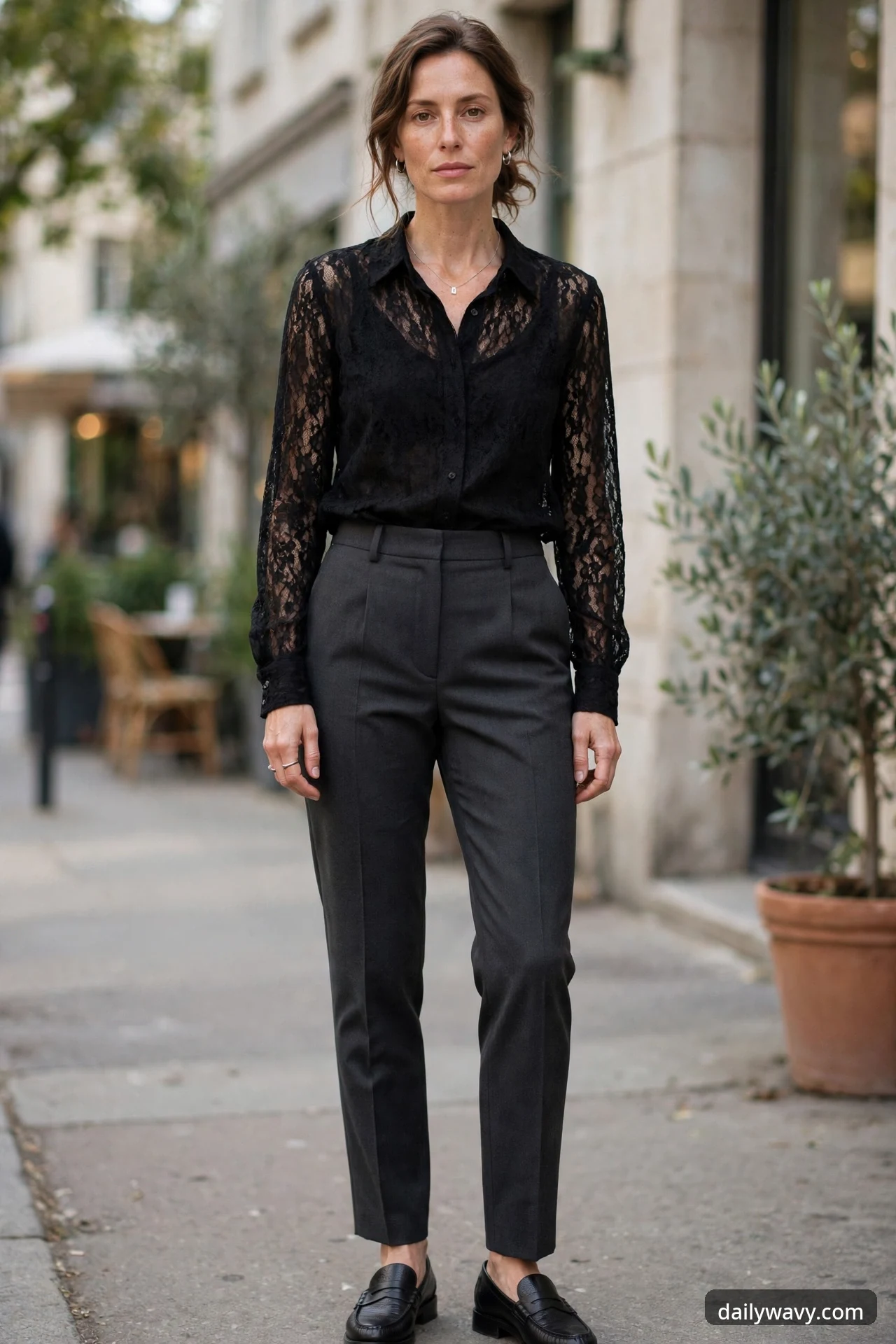 A woman stands on a city sidewalk wearing a black lace button-down blouse tucked into dark charcoal tailored pants and black loafers.